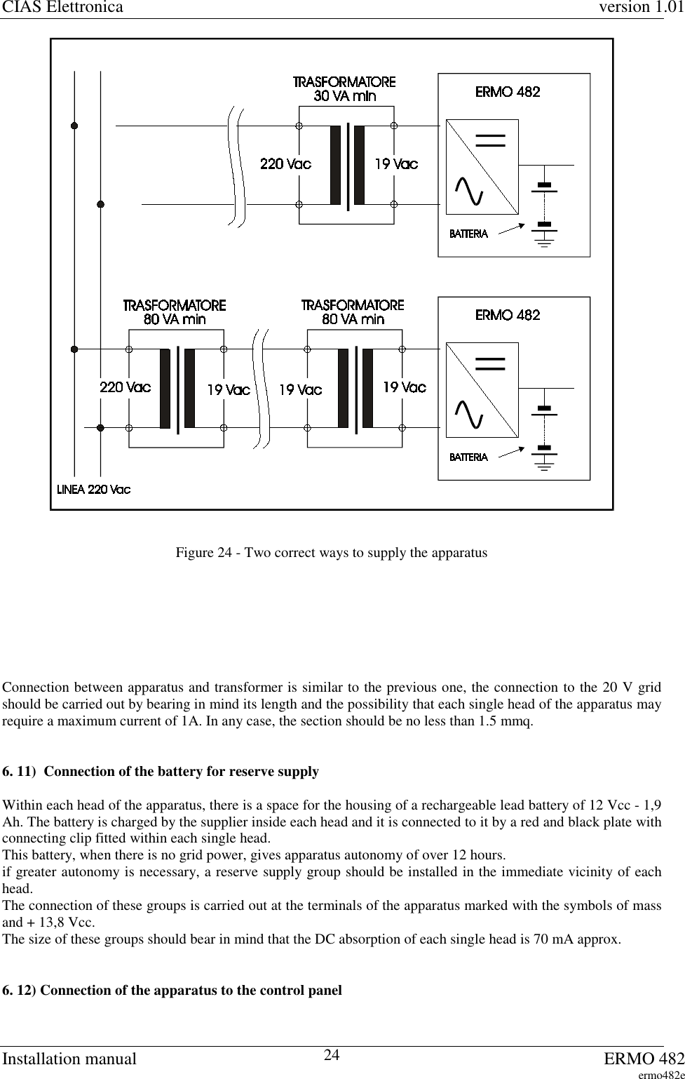 CIAS Elettronica version 1.01Installation manual ERMO 482ermo482e24Figure 24 - Two correct ways to supply the apparatusConnection between apparatus and transformer is similar to the previous one, the connection to the 20 V gridshould be carried out by bearing in mind its length and the possibility that each single head of the apparatus mayrequire a maximum current of 1A. In any case, the section should be no less than 1.5 mmq.6. 11)  Connection of the battery for reserve supplyWithin each head of the apparatus, there is a space for the housing of a rechargeable lead battery of 12 Vcc - 1,9Ah. The battery is charged by the supplier inside each head and it is connected to it by a red and black plate withconnecting clip fitted within each single head.This battery, when there is no grid power, gives apparatus autonomy of over 12 hours.if greater autonomy is necessary, a reserve supply group should be installed in the immediate vicinity of eachhead.The connection of these groups is carried out at the terminals of the apparatus marked with the symbols of massand + 13,8 Vcc.The size of these groups should bear in mind that the DC absorption of each single head is 70 mA approx.6. 12) Connection of the apparatus to the control panel