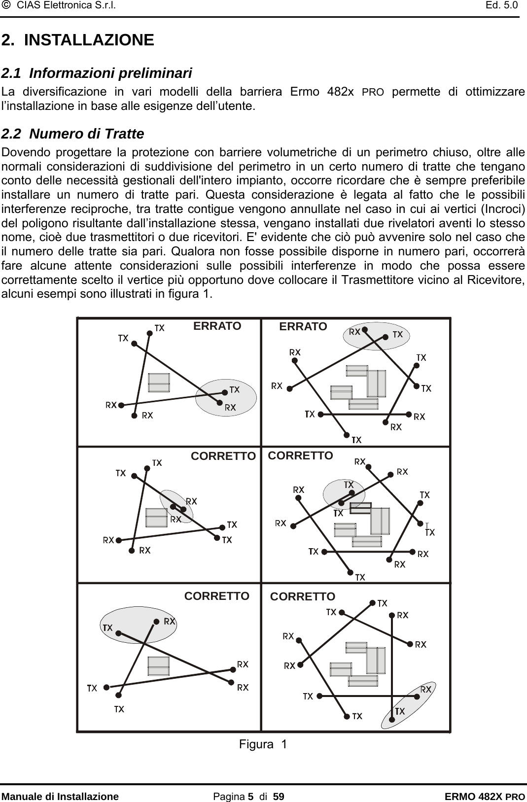 ©  CIAS Elettronica S.r.l.    Ed. 5.0  Manuale di Installazione Pagina 5  di  59 ERMO 482X PRO 2.  INSTALLAZIONE 2.1  Informazioni preliminari La diversificazione in vari modelli della barriera Ermo 482x PRO permette di ottimizzare l’installazione in base alle esigenze dell’utente. 2.2  Numero di Tratte Dovendo progettare la protezione con barriere volumetriche di un perimetro chiuso, oltre alle normali considerazioni di suddivisione del perimetro in un certo numero di tratte che tengano conto delle necessità gestionali dell&apos;intero impianto, occorre ricordare che è sempre preferibile installare un numero di tratte pari. Questa considerazione è legata al fatto che le possibili interferenze reciproche, tra tratte contigue vengono annullate nel caso in cui ai vertici (Incroci) del poligono risultante dall’installazione stessa, vengano installati due rivelatori aventi lo stesso nome, cioè due trasmettitori o due ricevitori. E&apos; evidente che ciò può avvenire solo nel caso che il numero delle tratte sia pari. Qualora non fosse possibile disporne in numero pari, occorrerà fare alcune attente considerazioni sulle possibili interferenze in modo che possa essere correttamente scelto il vertice più opportuno dove collocare il Trasmettitore vicino al Ricevitore, alcuni esempi sono illustrati in figura 1.  CORRETTO CORRETTOERRATO ERRATOCORRETTO CORRETTO Figura  1 