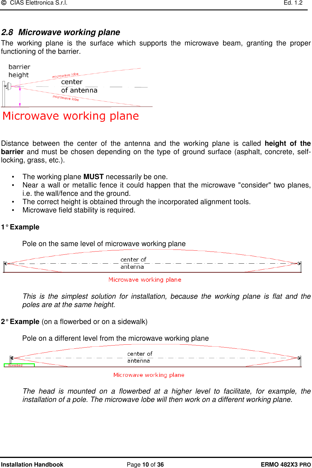   CIAS Elettronica S.r.l.    Ed. 1.2  Installation Handbook  Page 10 of 36 ERMO 482X3 PRO  2.8  Microwave working plane The  working  plane  is  the  surface  which  supports  the  microwave  beam,  granting  the  proper functioning of the barrier.     Distance  between  the  center  of  the  antenna  and  the  working  plane  is  called  height  of  the barrier and must be chosen depending on the type of ground surface (asphalt, concrete, self-locking, grass, etc.).  •  The working plane MUST necessarily be one. •  Near a wall or metallic fence it could happen that the microwave &quot;consider&quot; two planes, i.e. the wall/fence and the ground.  •  The correct height is obtained through the incorporated alignment tools.    •  Microwave field stability is required.  1° Example      Pole on the same level of microwave working plane    This  is  the  simplest  solution  for  installation,  because  the  working  plane  is  flat  and  the poles are at the same height.   2° Example (on a flowerbed or on a sidewalk)      Pole on a different level from the microwave working plane    The  head  is  mounted  on  a  flowerbed  at  a  higher  level  to  facilitate,  for  example,  the installation of a pole. The microwave lobe will then work on a different working plane.      