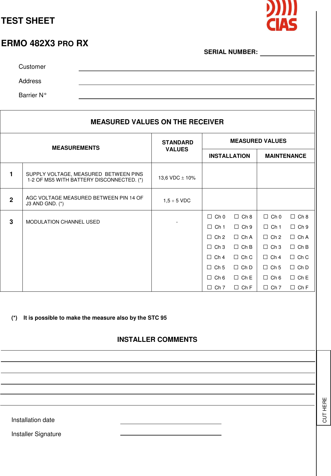    TEST SHEET    ERMO 482X3 PRO RX                             SERIAL NUMBER:      Customer    Address     Barrier N°                                  (*)    It is possible to make the measure also by the STC 95   INSTALLER COMMENTS           Installation date  Installer Signature  MEASURED VALUES ON THE RECEIVER  MEASUREMENTS   STANDARD VALUES MEASURED VALUES INSTALLATION MAINTENANCE  1  SUPPLY VOLTAGE, MEASURED  BETWEEN PINS  1-2 OF MS5 WITH BATTERY DISCONNECTED. (*)   13,6 VDC  10%    2  AGC VOLTAGE MEASURED BETWEEN PIN 14 OF J3 AND GND. (*)   1,5  5 VDC    3   MODULATION CHANNEL USED   - □ Ch 0      □ Ch 8 □ Ch 1      □ Ch 9 □ Ch 2      □ Ch A □ Ch 3      □ Ch B □ Ch 4      □ Ch C □ Ch 5      □ Ch D □ Ch 6      □ Ch E □ Ch 7      □ Ch F □ Ch 0      □ Ch 8 □ Ch 1      □ Ch 9 □ Ch 2      □ Ch A □ Ch 3      □ Ch B □ Ch 4      □ Ch C □ Ch 5      □ Ch D □ Ch 6      □ Ch E □ Ch 7      □ Ch F CUT HERE 