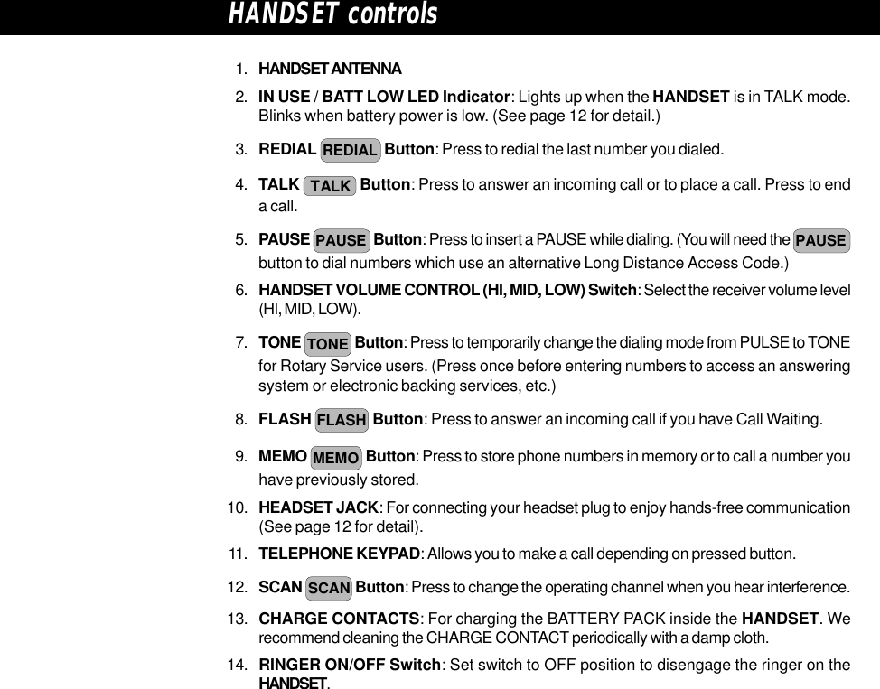 1. HANDSET ANTENNA2. IN USE / BATT LOW LED Indicator: Lights up when the HANDSET is in TALK mode.Blinks when battery power is low. (See page 12 for detail.)3. REDIAL REDIAL  Button: Press to redial the last number you dialed.4. TALK  TALK  Button: Press to answer an incoming call or to place a call. Press to enda call.5. PAUSE PAUSE  Button: Press to insert a PAUSE while dialing. (You will need the PAUSEbutton to dial numbers which use an alternative Long Distance Access Code.)6. HANDSET VOLUME CONTROL (HI, MID, LOW) Switch: Select the receiver volume level(HI, MID, LOW).7. TONE TONE  Button: Press to temporarily change the dialing mode from PULSE to TONEfor Rotary Service users. (Press once before entering numbers to access an answeringsystem or electronic backing services, etc.)8. FLASH FLASH  Button: Press to answer an incoming call if you have Call Waiting.9. MEMO MEMO  Button: Press to store phone numbers in memory or to call a number youhave previously stored.10. HEADSET JACK: For connecting your headset plug to enjoy hands-free communication(See page 12 for detail).11. TELEPHONE KEYPAD: Allows you to make a call depending on pressed button.12. SCAN SCAN Button: Press to change the operating channel when you hear interference.13. CHARGE CONTACTS: For charging the BATTERY PACK inside the HANDSET. Werecommend cleaning the CHARGE CONTACT periodically with a damp cloth.14. RINGER ON/OFF Switch: Set switch to OFF position to disengage the ringer on theHANDSET.HANDSET controls