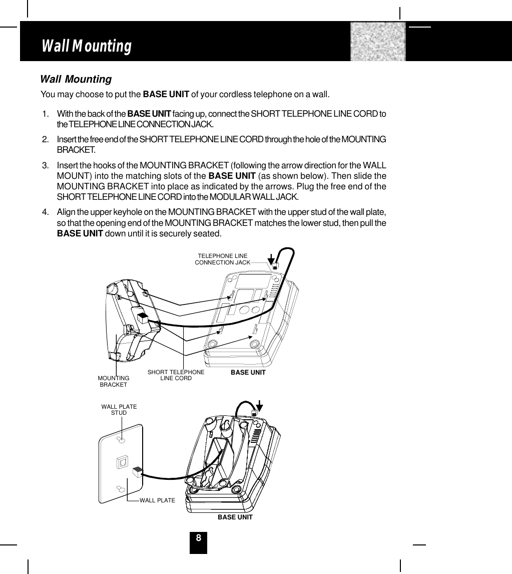 8Wall MountingWall MountingYou may choose to put the BASE UNIT of your cordless telephone on a wall.1. With the back of the BASE UNIT facing up, connect the SHORT TELEPHONE LINE CORD tothe TELEPHONE LINE CONNECTION JACK.2. Insert the free end of the SHORT TELEPHONE LINE CORD through the hole of the MOUNTINGBRACKET.3. Insert the hooks of the MOUNTING BRACKET (following the arrow direction for the WALLMOUNT) into the matching slots of the BASE UNIT (as shown below). Then slide theMOUNTING BRACKET into place as indicated by the arrows. Plug the free end of theSHORT TELEPHONE LINE CORD into the MODULAR WALL JACK.4. Align the upper keyhole on the MOUNTING BRACKET with the upper stud of the wall plate,so that the opening end of the MOUNTING BRACKET matches the lower stud, then pull theBASE UNIT down until it is securely seated.TELEPHONE LINE CONNECTION JACKSHORT TELEPHONELINE CORDMOUNTINGBRACKETBASE UNITWALL PLATESTUDWALL PLATEBASE UNIT