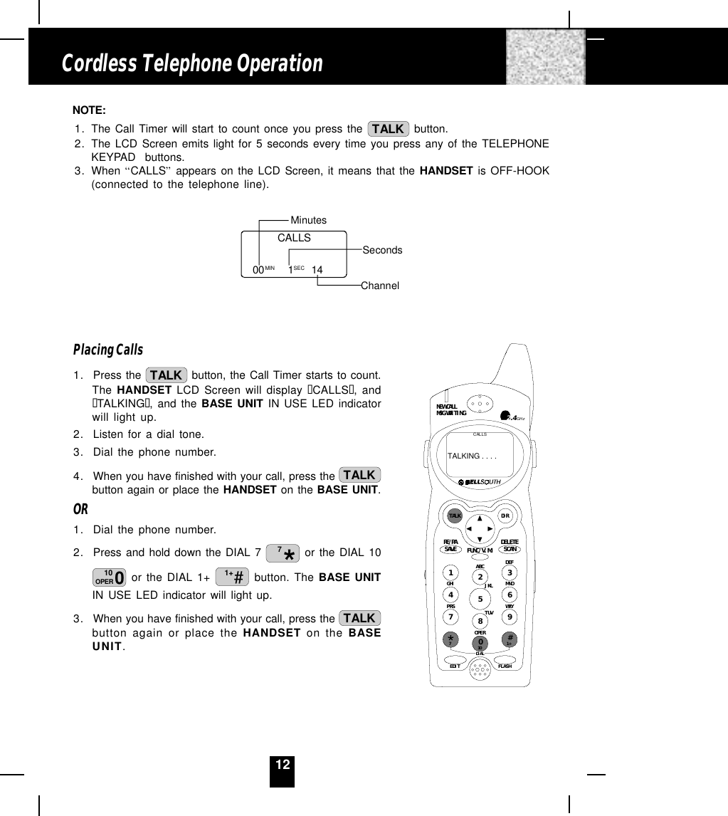 12Placing Calls1. Press the  TALK  button, the Call Timer starts to count.The  HANDSET LCD Screen will display “CALLS“, and“TALKING“, and the BASE UNIT IN USE LED indicatorwill light up.2. Listen for a dial tone.3. Dial the phone number.4. When you have finished with your call, press the  TALKbutton again or place the HANDSET on the BASE UNIT.OR1. Dial the phone number.2. Press and hold down the DIAL 7  7 or the DIAL 10010OPER  or the DIAL 1+  #1+  button. The BASE UNITIN USE LED indicator will light up.3. When you have finished with your call, press the  TALKbutton again or place the HANDSET on the BASEUNIT.Cordless Telephone OperationNOTE:1. The Call Timer will start to count once you press the  TALK  button.2. The LCD Screen emits light for 5 seconds every time you press any of the TELEPHONEKEYPAD  buttons.3. When “CALLS” appears on the LCD Screen, it means that the HANDSET is OFF-HOOK(connected to the telephone line).Minutes00        1      14SecondsChannelCALLSMIN SECCALLSTALKING . . . .DEFABCGHI JKL MNOTUVPRS WXYOPER1236547890#NEW CALLMSG WAITINGTALK DIRDELETESCANSAVERE/PA FUNC/V.M.DIALEDIT FLASH71+102.4GHz