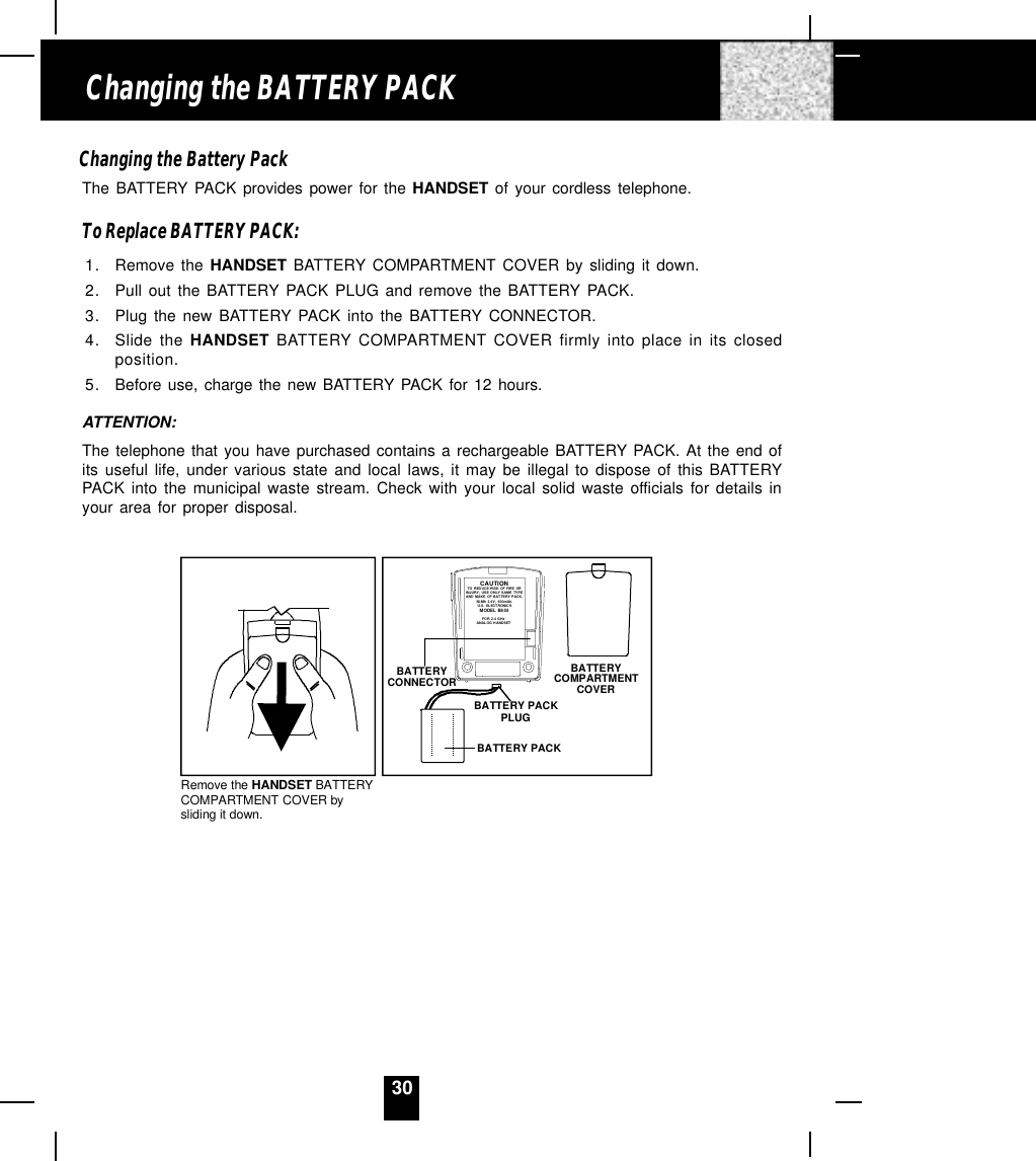 30Changing the Battery PackThe BATTERY PACK provides power for the HANDSET of your cordless telephone.To Replace BATTERY PACK:1. Remove the HANDSET BATTERY COMPARTMENT COVER by sliding it down.2. Pull out the BATTERY PACK PLUG and remove the BATTERY PACK.3. Plug the new BATTERY PACK into the BATTERY CONNECTOR.4. Slide the HANDSET BATTERY COMPARTMENT COVER firmly into place in its closedposition.5. Before use, charge the new BATTERY PACK for 12 hours.ATTENTION:The telephone that you have purchased contains a rechargeable BATTERY PACK. At the end ofits useful life, under various state and local laws, it may be illegal to dispose of this BATTERYPACK into the municipal waste stream. Check with your local solid waste officials for details inyour area for proper disposal.Changing the BATTERY PACKRemove the HANDSET BATTERYCOMPARTMENT COVER by sliding it down.BATTERYCOMPARTMENT COVERBATTERY PACKBATTERY CONNECTORBATTERY PACKPLUGCAUTIONTO REDUCE RISK OF FIRE OR INJURY, US E ONLY SAME TYPEAND MAKE OF BATTERY PACK,Ni-Mh 3.6V,  600mAh.U. S . EL ECT RO NI C S     MO DEL  B6 55FOR 2.4 GHz ANALOG H ANDSET