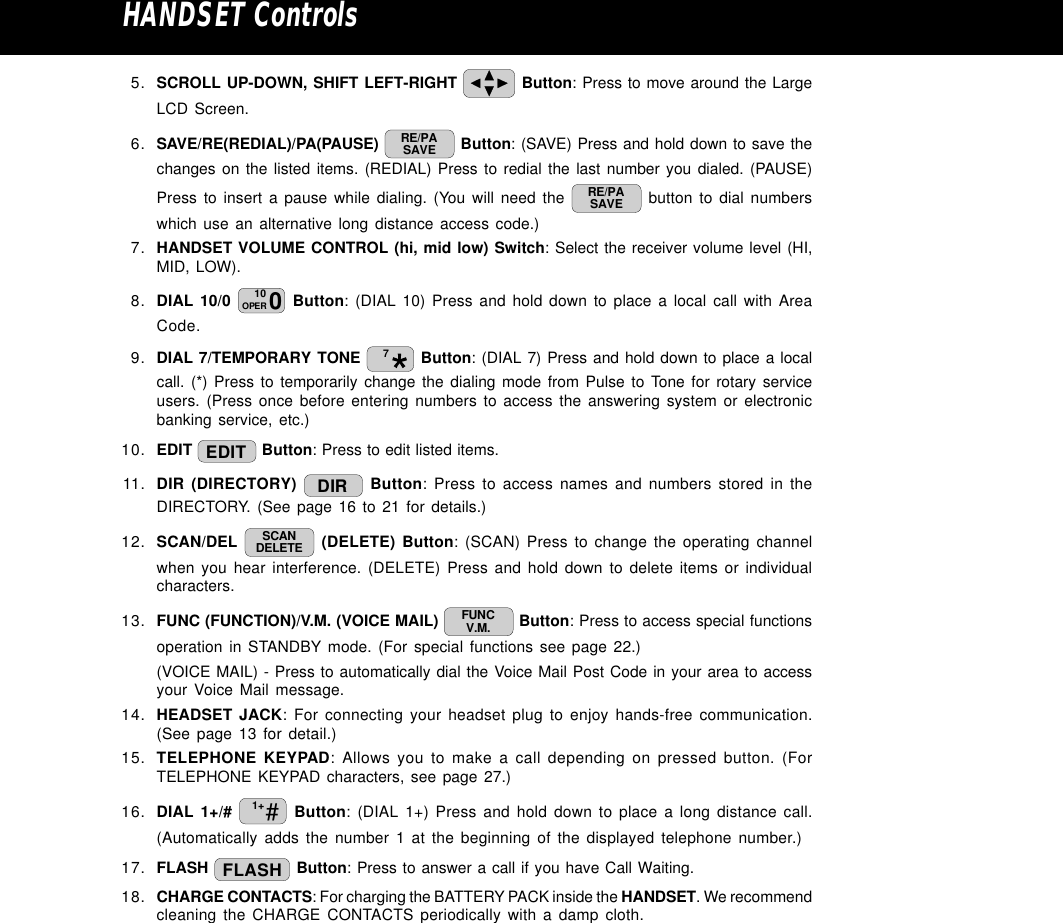 HANDSET Controls5. SCROLL UP-DOWN, SHIFT LEFT-RIGHT   Button: Press to move around the LargeLCD Screen.6. SAVE/RE(REDIAL)/PA(PAUSE)  RE/PASAVE  Button: (SAVE) Press and hold down to save thechanges on the listed items. (REDIAL) Press to redial the last number you dialed. (PAUSE)Press to insert a pause while dialing. (You will need the  RE/PASAVE  button to dial numberswhich use an alternative long distance access code.)7. HANDSET VOLUME CONTROL (hi, mid low) Switch: Select the receiver volume level (HI,MID, LOW).8. DIAL 10/0  010OPER  Button: (DIAL 10) Press and hold down to place a local call with AreaCode.9. DIAL 7/TEMPORARY TONE  7 Button: (DIAL 7) Press and hold down to place a localcall. (*) Press to temporarily change the dialing mode from Pulse to Tone for rotary serviceusers. (Press once before entering numbers to access the answering system or electronicbanking service, etc.)10. EDIT  EDIT  Button: Press to edit listed items.11. DIR (DIRECTORY)  DIR  Button: Press to access names and numbers stored in theDIRECTORY. (See page 16 to 21 for details.)12. SCAN/DEL  SCANDELETE  (DELETE) Button: (SCAN) Press to change the operating channelwhen you hear interference. (DELETE) Press and hold down to delete items or individualcharacters.13. FUNC (FUNCTION)/V.M. (VOICE MAIL)  FUNCV.M.  Button: Press to access special functionsoperation in STANDBY mode. (For special functions see page 22.)(VOICE MAIL) - Press to automatically dial the Voice Mail Post Code in your area to accessyour Voice Mail message.14. HEADSET JACK: For connecting your headset plug to enjoy hands-free communication.(See page 13 for detail.)15. TELEPHONE KEYPAD: Allows you to make a call depending on pressed button. (ForTELEPHONE KEYPAD characters, see page 27.)16. DIAL 1+/#  #1+  Button: (DIAL 1+) Press and hold down to place a long distance call.(Automatically adds the number 1 at the beginning of the displayed telephone number.)17. FLASH  FLASH  Button: Press to answer a call if you have Call Waiting.18. CHARGE CONTACTS: For charging the BATTERY PACK inside the HANDSET. We recommendcleaning the CHARGE CONTACTS periodically with a damp cloth.