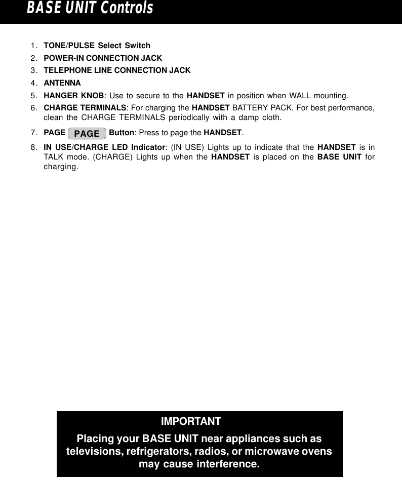 1. TONE/PULSE Select Switch2. POWER-IN CONNECTION JACK3. TELEPHONE LINE CONNECTION JACK4. ANTENNA5. HANGER KNOB: Use to secure to the HANDSET in position when WALL mounting.6. CHARGE TERMINALS: For charging the HANDSET BATTERY PACK. For best performance,clean the CHARGE TERMINALS periodically with a damp cloth.7. PAGE  PAGE  Button: Press to page the HANDSET.8. IN USE/CHARGE LED Indicator: (IN USE) Lights up to indicate that the HANDSET is inTALK mode. (CHARGE) Lights up when the HANDSET is placed on the BASE UNIT forcharging.BASE UNIT ControlsIMPORTANTPlacing your BASE UNIT near appliances such astelevisions, refrigerators, radios, or microwave ovensmay cause interference.