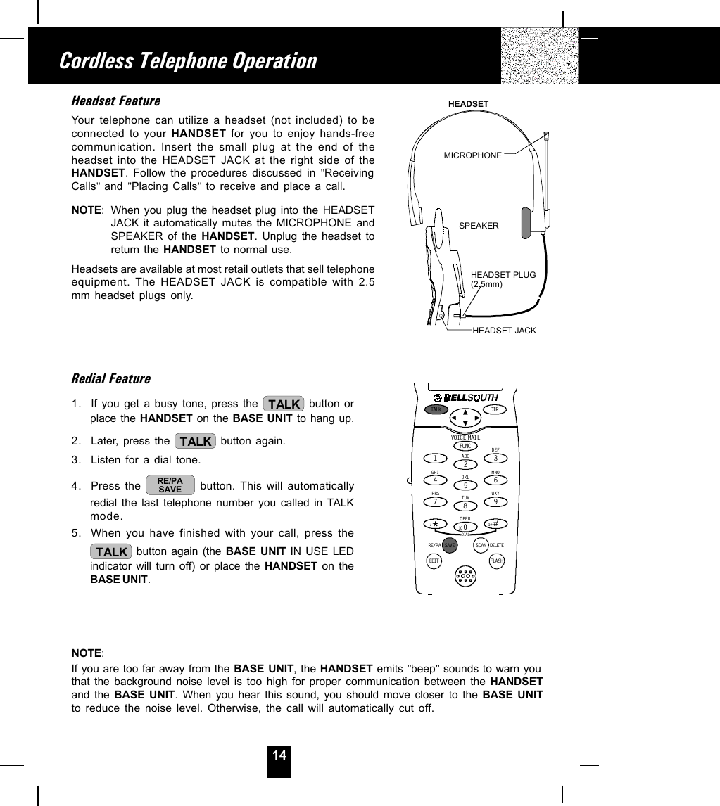 14Headset FeatureYour telephone can utilize a headset (not included) to beconnected to your HANDSET  for you to enjoy hands-freecommunication. Insert the small plug at the end of theheadset into the HEADSET JACK at the right side of theHANDSET. Follow the procedures discussed in &quot;ReceivingCalls&quot;  and &quot;Placing Calls&quot; to receive and place a call.NOTE: When you plug the headset plug into the HEADSETJACK it automatically mutes the MICROPHONE andSPEAKER of the HANDSET. Unplug the headset toreturn the HANDSET to normal use.Headsets are available at most retail outlets that sell telephoneequipment. The HEADSET JACK is compatible with 2.5mm headset plugs only.Redial Feature1. If you get a busy tone, press the  TALK  button orplace the HANDSET on the BASE UNIT to hang up.2. Later, press the  TALK  button again.3. Listen for a dial tone.4. Press the  RE/PASAVE  button. This will automaticallyredial the last telephone number you called in TALKmode.5. When you have finished with your call, press theTALK  button again (the BASE UNIT IN USE LEDindicator will turn off) or place the HANDSET  on theBASE UNIT.NOTE:If you are too far away from the BASE UNIT, the HANDSET emits &quot;beep&quot; sounds to warn youthat the background noise level is too high for proper communication between the HANDSETand the BASE UNIT. When you hear this sound, you should move closer to the BASE UNITto reduce the noise level. Otherwise, the call will automatically cut off.Cordless Telephone OperationHEADSET JACKHEADSET PLUG(2.5mm)SPEAKERMICROPHONEHEADSETTALK DI RDELET ESCANSAVERE/PADIALEDIT FLASHFUNCDEFABCGHIJKLMNOTUVPRS WXYOPER12365478907#1+10VOIC E M AIL