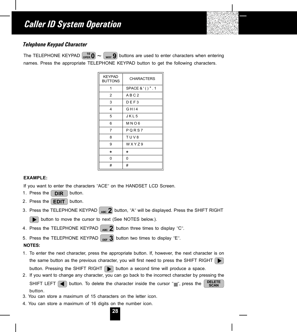 28Telephone Keypad CharacterThe TELEPHONE KEYPAD  ~010OPER 9WXY  buttons are used to enter characters when enteringnames. Press the appropriate TELEPHONE KEYPAD button to get the following characters.EXAMPLE:If you want to enter the characters &quot;ACE&quot; on the HANDSET LCD Screen.1. Press the  DIR  button.2. Press the  EDIT  button.3. Press the TELEPHONE KEYPAD  2ABC button, &quot;A&quot; will be displayed. Press the SHIFT RIGHT button to move the cursor to next (See NOTES below.).4. Press the TELEPHONE KEYPAD  2ABC button three times to display &quot;C&quot;.5. Press the TELEPHONE KEYPAD  3DEF button two times to display &quot;E&quot;.NOTES:1. To enter the next character, press the appropriate button. If, however, the next character is onthe same button as the previous character, you will first need to press the SHIFT RIGHT button. Pressing the SHIFT RIGHT   button a second time will produce a space.2. If you want to change any character, you can go back to the incorrect character by pressing theSHIFT LEFT   button. To delete the character inside the cursor &quot;&quot;,  press the  DELETESCANbutton.3. You can store a maximum of 15 characters on the letter icon.4. You can store a maximum of 16 digits on the number icon.Caller ID System OperationKEYPADBUTTONS CHARACTERS12  SPACE &amp; &apos; ( ) * . 1  A B C 234  D E F 3  G H I 456  J K L 5  M N O 678  P Q R S 7  T U V 89*  W X Y Z 90# *  0  #