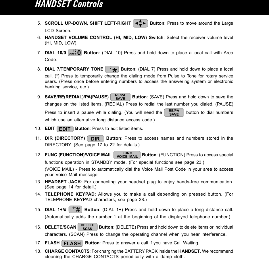 HANDSET Controls5. SCROLL UP-DOWN, SHIFT LEFT-RIGHT   Button: Press to move around the LargeLCD Screen.6. HANDSET VOLUME CONTROL (HI, MID, LOW) Switch: Select the receiver volume level(HI, MID, LOW).7. DIAL 10/0  010OPER  Button: (DIAL 10) Press and hold down to place a local call with AreaCode.8. DIAL 7/TEMPORARY TONE  7 Button: (DIAL 7) Press and hold down to place a localcall. (*) Press to temporarily change the dialing mode from Pulse to Tone for rotary serviceusers. (Press once before entering numbers to access the answering system or electronicbanking service, etc.)9. SAVE/RE(REDIAL)/PA(PAUSE)  RE/PASAVE  Button: (SAVE) Press and hold down to save thechanges on the listed items. (REDIAL) Press to redial the last number you dialed. (PAUSE)Press to insert a pause while dialing. (You will need the  RE/PASAVE  button to dial numberswhich use an alternative long distance access code.)10. EDIT  EDIT  Button: Press to edit listed items.11. DIR (DIRECTORY)  DIR  Button: Press to access names and numbers stored in theDIRECTORY. (See page 17 to 22 for details.)12. FUNC (FUNCTION)/VOICE MAIL  FUNCVOICE MAIL  Button: (FUNCTION) Press to access specialfunctions operation in STANDBY mode. (For special functions see page 23.)(VOICE MAIL) - Press to automatically dial the Voice Mail Post Code in your area to accessyour Voice Mail message.13. HEADSET JACK: For connecting your headset plug to enjoy hands-free communication.(See page 14 for detail.)14. TELEPHONE KEYPAD: Allows you to make a call depending on pressed button. (ForTELEPHONE KEYPAD characters, see page 28.)15. DIAL 1+/#  #1+  Button: (DIAL 1+) Press and hold down to place a long distance call.(Automatically adds the number 1 at the beginning of the displayed telephone number.)16. DELETE/SCAN  DELETESCAN  Button: (DELETE) Press and hold down to delete items or individualcharacters. (SCAN) Press to change the operating channel when you hear interference.17. FLASH  FLASH  Button: Press to answer a call if you have Call Waiting.18. CHARGE CONTACTS: For charging the BATTERY PACK inside the HANDSET. We recommendcleaning the CHARGE CONTACTS periodically with a damp cloth.