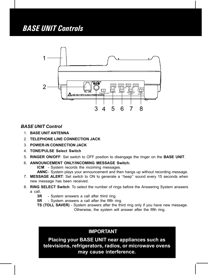 IMPORTANTPlacing your BASE UNIT near appliances such astelevisions, refrigerators, radios, or microwave ovensmay cause interference.BASE UNIT ControlsBASE UNIT Control1. BASE UNIT ANTENNA2. TELEPHONE LINE CONNECTION JACK3. POWER-IN CONNECTION JACK4. TONE/PULSE Select Switch5. RINGER ON/OFF: Set switch to OFF position to disengage the ringer on the BASE UNIT.6. ANNOUNCEMENT ONLY/INCOMING MESSAGE Switch:ICM - System records the incoming messages.ANNC- System plays your announcement and then hangs up without recording message.7. MESSAGE ALERT: Set switch to ON to generate a “beep” sound every 15 seconds whennew message has been received.8. RING SELECT Switch: To select the number of rings before the Answering System answersa call.3R - System answers a call after third ring.5R - System answers a call after the fifth ring.TS (TOLL SAVER) - System answers after the third ring only if you have new message.Otherwise, the system will answer after the fifth ring.BASE UNIT Controls1234567 8RINGSELECTTS 5R  3RMESSAGEALERTON    OFFSELECTON    OFFTONE  PULSE RINGERICM    ANNC9VDC 500mA!USE ONLY WITH CLASS 2 POWER SOURCETEL  LINE