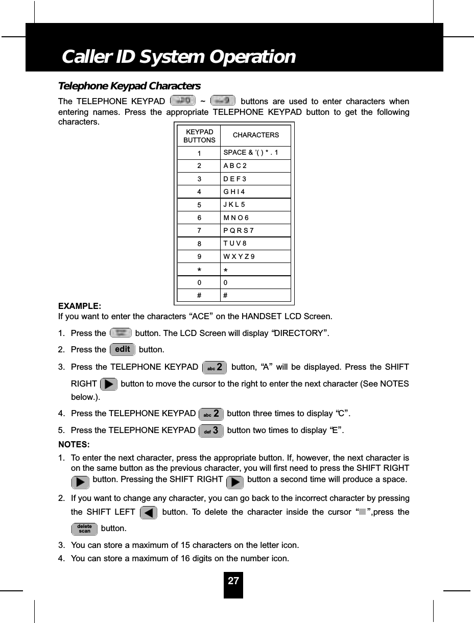 Telephone Keypad CharactersThe TELEPHONE KEYPAD  ~ buttons are used to enter characters whenentering names. Press the appropriate TELEPHONE KEYPAD button to get the followingcharacters.EXAMPLE:If you want to enter the characters “ACE”on the HANDSET LCD Screen.1. Press the  button. The LCD Screen will display “DIRECTORY”.2. Press the  button.3. Press the TELEPHONE KEYPAD  button, “A”will be displayed. Press the SHIFTRIGHT button to move the cursor to the right to enter the next character (See NOTESbelow.).4. Press the TELEPHONE KEYPAD  button three times to display “C”.5. Press the TELEPHONE KEYPAD  button two times to display “E”.NOTES:1. To enter the next character, press the appropriate button. If, however, the next character ison the same button as the previous character, you will first need to press the SHIFT RIGHTbutton. Pressing the SHIFT RIGHT button a second time will produce a space.2. If you want to change any character, you can go back to the incorrect character by pressingthe SHIFT LEFT button. To delete the character inside the cursor “”,press thebutton.3. You can store a maximum of 15 characters on the letter icon.4. You can store a maximum of 16 digits on the number icon.deletescandef 3abc 2abc 2edit27Caller ID System OperationKEYPADBUTTONS123456789*0#CHARACTERSSPACE &amp; ’( ) * . 1A B C 2D E F 3G H I 4J K L 5M N O 6P Q R S 7T U V 8W X Y Z 9*0#