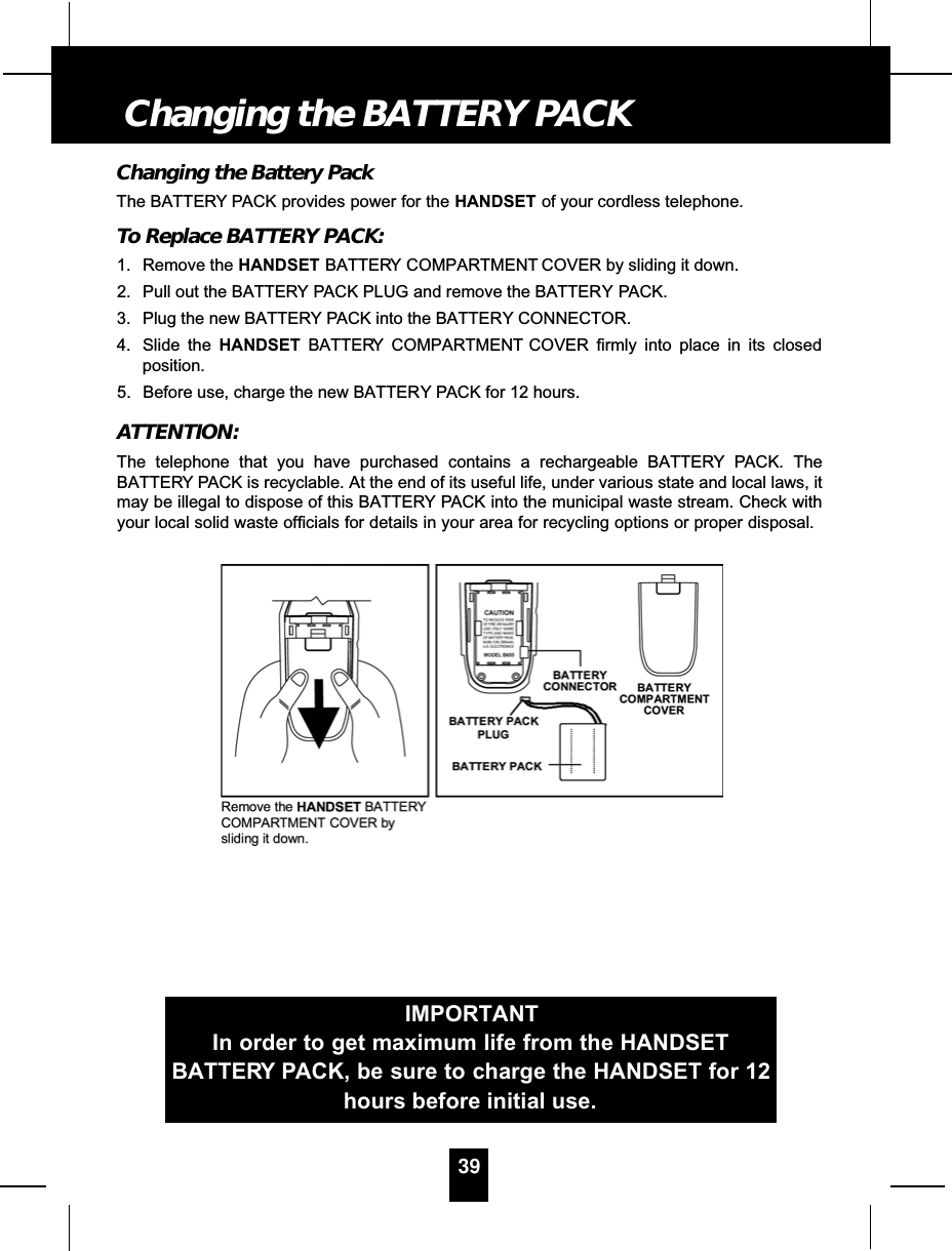 Changing the Battery PackThe BATTERY PACK provides power for the HANDSET of your cordless telephone.To Replace BATTERY PACK:1. Remove the HANDSET BATTERY COMPARTMENT COVER by sliding it down.2. Pull out the BATTERY PACK PLUG and remove the BATTERY PACK.3. Plug the new BATTERY PACK into the BATTERY CONNECTOR.4. Slide the HANDSET BATTERY COMPARTMENT COVER firmly into place in its closedposition.5. Before use, charge the new BATTERY PACK for 12 hours.ATTENTION:The telephone that you have purchased contains a rechargeable BATTERY PACK. TheBATTERY PACK is recyclable. At the end of its useful life, under various state and local laws, itmay be illegal to dispose of this BATTERY PACK into the municipal waste stream. Check withyour local solid waste officials for details in your area for recycling options or proper disposal.39Changing the BATTERY PACKIMPORTANTIn order to get maximum life from the HANDSETBATTERY PACK, be sure to charge the HANDSET for 12hours before initial use.