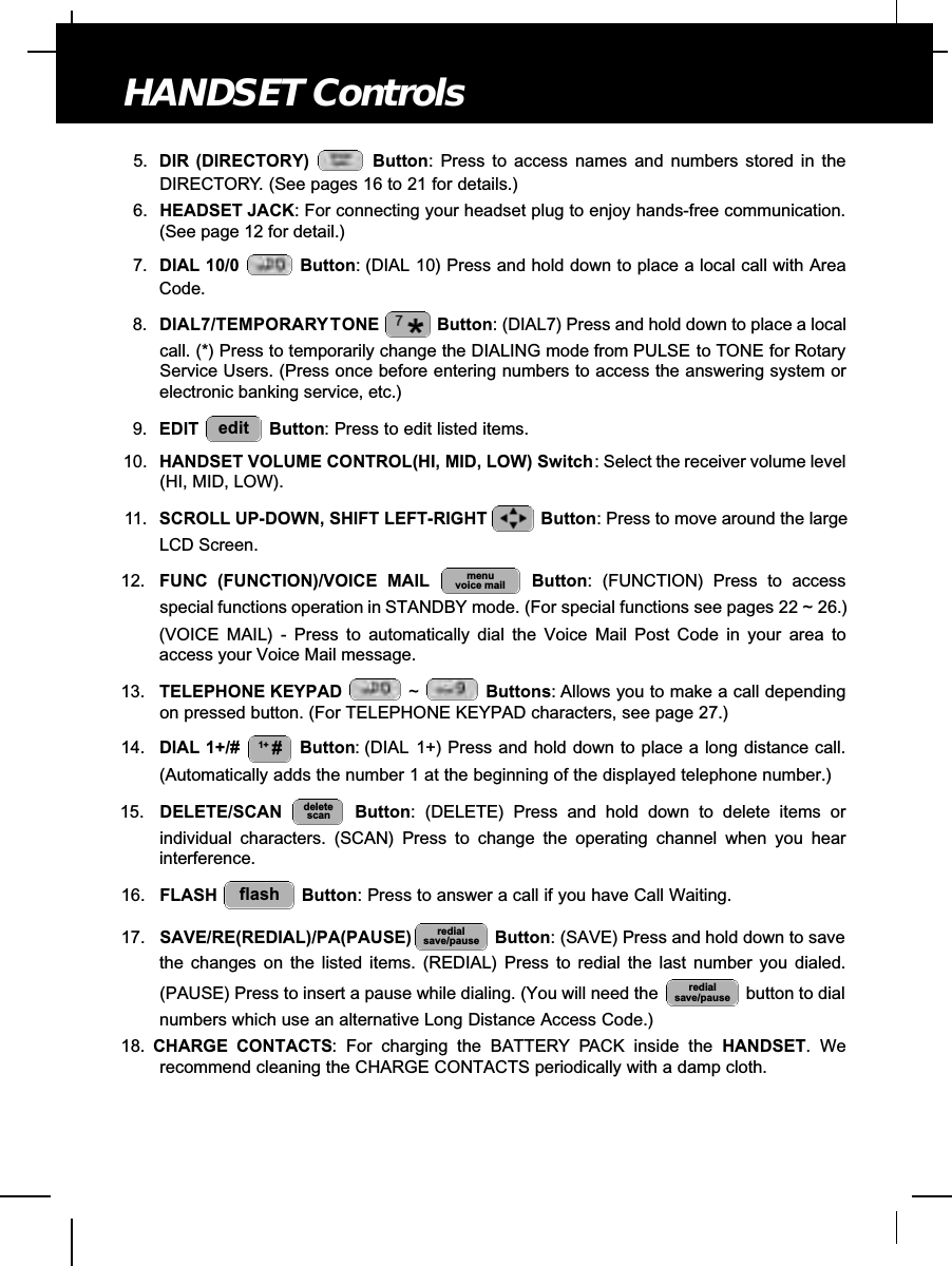 5. DIR (DIRECTORY)  Button: Press to access names and numbers stored in theDIRECTORY. (See pages 16 to 21 for details.)6. HEADSET JACK: For connecting your headset plug to enjoy hands-free communication.(See page 12 for detail.)7. DIAL 10/0 Button: (DIAL 10) Press and hold down to place a local call with AreaCode.8. DIAL7/TEMPORARYTONE Button: (DIAL7) Press and hold down to place a localcall. (*) Press to temporarily change the DIALING mode from PULSE to TONE for RotaryService Users. (Press once before entering numbers to access the answering system orelectronic banking service, etc.)9. EDIT Button: Press to edit listed items.10. HANDSET VOLUME CONTROL(HI, MID, LOW) Switch: Select the receiver volume level(HI, MID, LOW).11. SCROLL UP-DOWN, SHIFT LEFT-RIGHT  Button: Press to move around the largeLCD Screen.12. FUNC (FUNCTION)/VOICE MAIL Button: (FUNCTION) Press to accessspecial functions operation in STANDBY mode. (For special functions see pages 22 ~ 26.) (VOICE MAIL) - Press to automatically dial the Voice Mail Post Code in your area toaccess your Voice Mail message.13. TELEPHONE KEYPAD  ~Buttons: Allows you to make a call dependingon pressed button. (For TELEPHONE KEYPAD characters, see page 27.)14. DIAL 1+/# Button: (DIAL 1+) Press and hold down to place a long distance call.(Automatically adds the number 1 at the beginning of the displayed telephone number.)15. DELETE/SCAN Button: (DELETE) Press and hold down to delete items orindividual characters. (SCAN) Press to change the operating channel when you hearinterference.16. FLASH Button: Press to answer a call if you have Call Waiting.17. SAVE/RE(REDIAL)/PA(PAUSE) Button: (SAVE) Press and hold down to savethe changes on the listed items. (REDIAL) Press to redial the last number you dialed.(PAUSE) Press to insert a pause while dialing. (You will need the  button to dialnumbers which use an alternative Long Distance Access Code.)18. CHARGE CONTACTS: For charging the BATTERY PACK inside the HANDSET. Werecommend cleaning the CHARGE CONTACTS periodically with a damp cloth.redialsave/pauseredialsave/pauseflashdeletescan1+ #menuvoice maileditHANDSET Controls