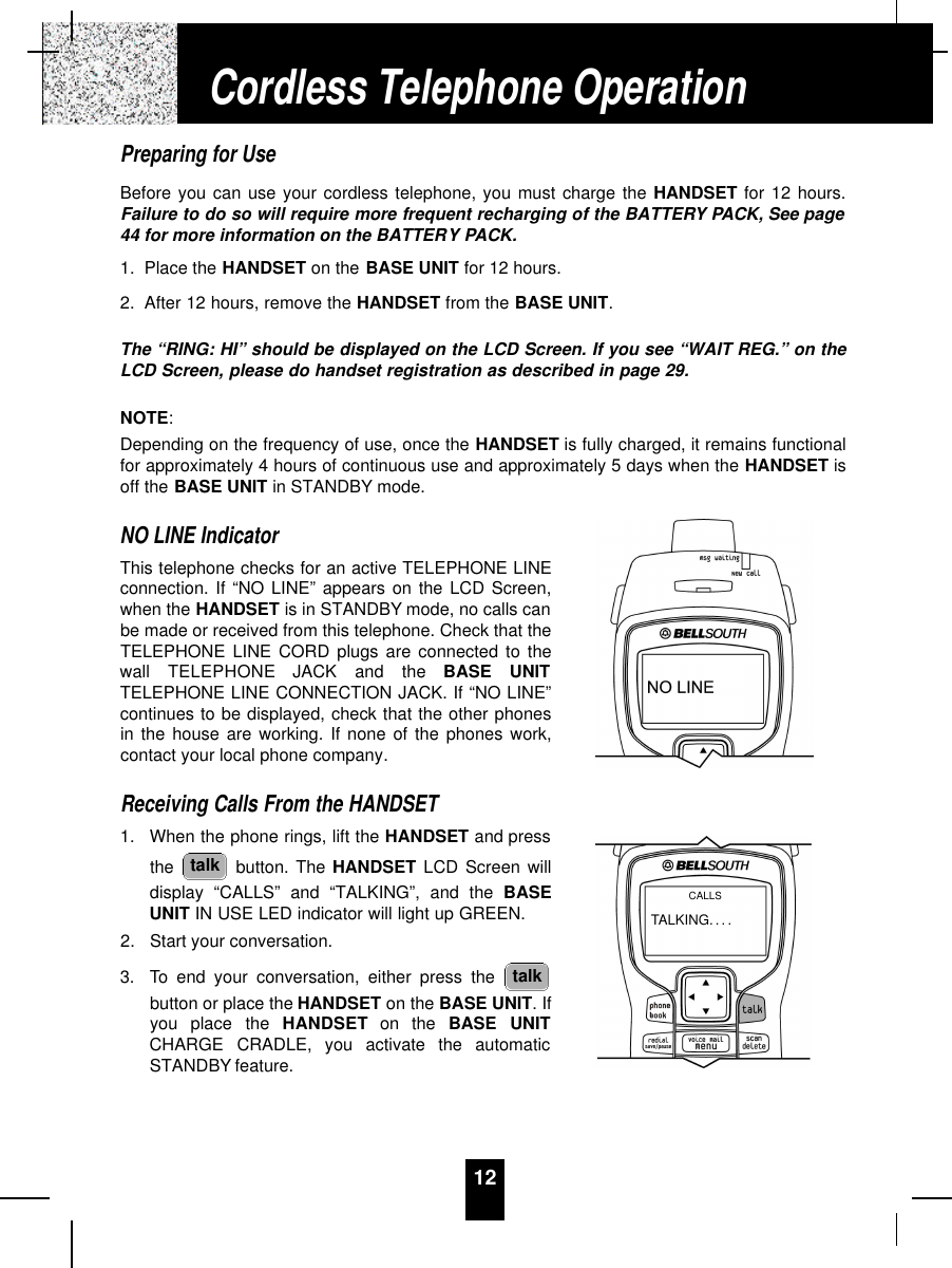 12Preparing for UseBefore you can use your cordless telephone, you must charge the HANDSET for 12 hours.Failure to do so will require more frequent recharging of the BATTERY PACK, See page44 for more information on the BATTERY PACK.1. Place the HANDSET on the BASE UNIT for 12 hours.2. After 12 hours, remove the HANDSET from the BASE UNIT.The “RING: HI” should be displayed on the LCD Screen. If you see “WAIT REG.” on theLCD Screen, please do handset registration as described in page 29.NOTE:Depending on the frequency of use, once the HANDSET is fully charged, it remains functionalfor approximately 4 hours of continuous use and approximately 5 days when the HANDSET isoff the BASE UNIT in STANDBY mode.NO LINE IndicatorThis telephone checks for an active TELEPHONE LINEconnection. If “NO LINE” appears on the LCD Screen,when the HANDSET is in STANDBY mode, no calls canbe made or received from this telephone. Check that theTELEPHONE LINE CORD plugs are connected to thewall  TELEPHONE  JACK  and  the  BASE  UNITTELEPHONE LINE CONNECTION JACK. If “NO LINE”continues to be displayed, check that the other phonesin the house are working. If none of the phones work,contact your local phone company.Receiving Calls From the HANDSET1. When the phone rings, lift the HANDSET and pressthe  button. The HANDSET LCD Screen willdisplay “CALLS” and “TALKING”, and the BASEUNIT IN USE LED indicator will light up GREEN.2. Start your conversation.3. To end your conversation, either press the button or place the HANDSET on the BASE UNIT. Ifyou  place  the  H A N D S E T on  the  BASE  UNITCHARGE  CRADLE,  you  activate  the  automaticSTANDBY feature.talktalkCordless Telephone OperationTALKING. . . .CALLS