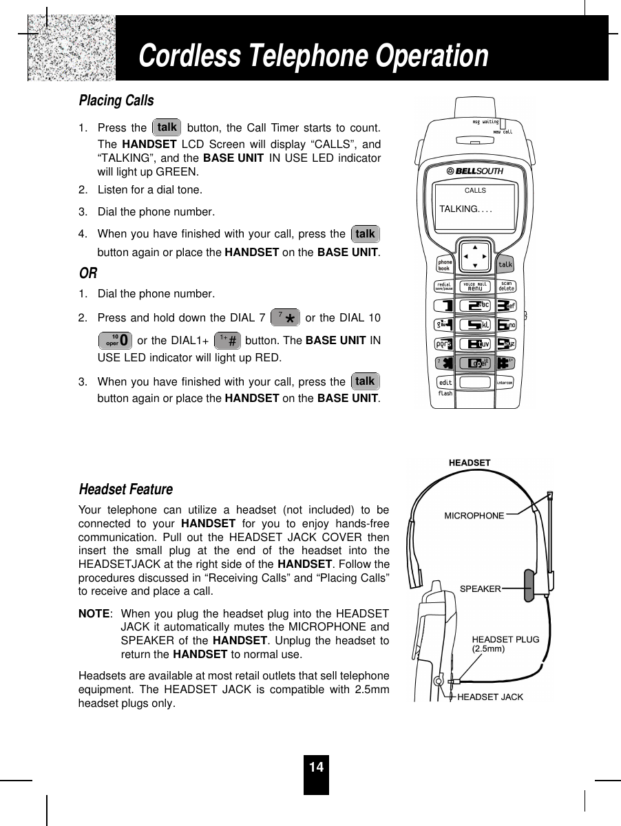 14Placing Calls1. Press the  button, the Call Timer starts to count.The HANDSET LCD Screen will display “CALLS”, and“TALKING”, and the BASE UNIT IN USE LED indicatorwill light up GREEN.2. Listen for a dial tone.3. Dial the phone number.4. When you have finished with your call, press the button again or place the HANDSET on the BASE UNIT.OR1. Dial the phone number.2. Press and hold down the DIAL 7 or the DIAL 10or the DIAL1+  button. The BASE UNIT INUSE LED indicator will light up RED.3. When you have finished with your call, press the button again or place the HANDSET on the BASE UNIT.Headset FeatureYour telephone can utilize a headset (not included) to beconnected to your HANDSET for you to enjoy hands-freecommunication. Pull out the HEADSET JACK COVER theninsert the small plug at the end of the headset into theHEADSETJACK at the right side of the HANDSET. Follow theprocedures discussed in “Receiving Calls” and “Placing Calls”to receive and place a call.NOTE:When you plug the headset plug into the HEADSETJACK it automatically mutes the MICROPHONE andSPEAKER of the HANDSET. Unplug the headset toreturn the HANDSET to normal use.Headsets are available at most retail outlets that sell telephoneequipment. The HEADSET JACK is compatible with 2.5mmheadset plugs only.talk#1+*7talktalkCordless Telephone OperationTALKING. . . .CALLS