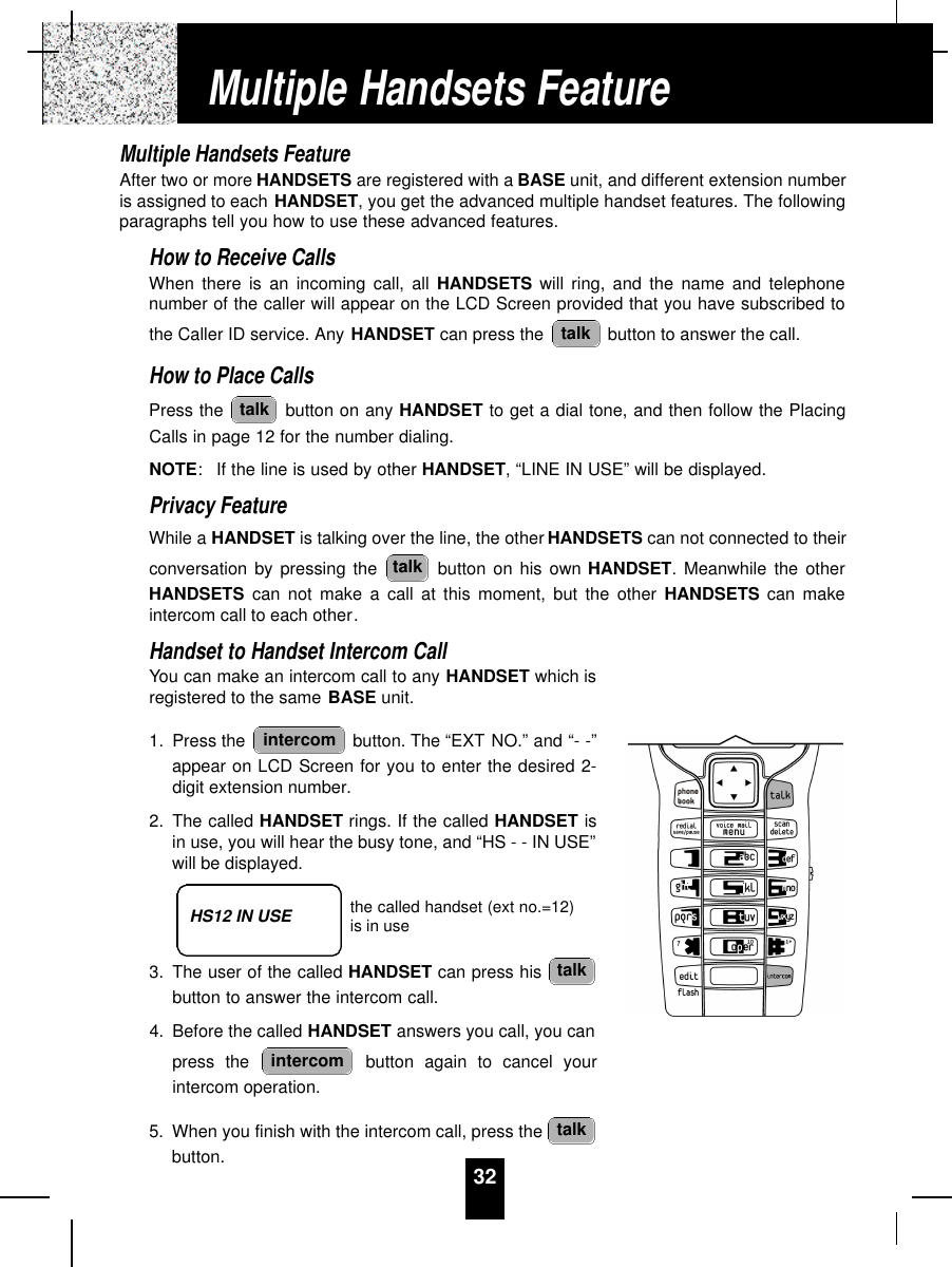 Multiple Handsets FeatureAfter two or more HANDSETS are registered with a BASE unit, and different extension numberis assigned to each HANDSET, you get the advanced multiple handset features. The followingparagraphs tell you how to use these advanced features.How to Receive CallsWhen there is an incoming call, all HANDSETS will ring, and the name and telephonenumber of the caller will appear on the LCD Screen provided that you have subscribed tothe Caller ID service. Any HANDSET can press the  button to answer the call.How to Place CallsPress the  button on any HANDSET to get a dial tone, and then follow the PlacingCalls in page 12 for the number dialing.NOTE:If the line is used by other HANDSET, “LINE IN USE” will be displayed.Privacy FeatureWhile a HANDSET is talking over the line, the other HANDSETS can not connected to theirconversation by pressing the  button on his own HANDSET. Meanwhile the otherHANDSETS can not make a call at this moment, but the other HANDSETS can makeintercom call to each other.Handset to Handset Intercom CallYou can make an intercom call to any HANDSET which isregistered to the same BASE unit.1. Press the  button. The “EXT NO.” and “- -”appear on LCD Screen for you to enter the desired 2-digit extension number.2. The called HANDSET rings. If the called HANDSET isin use, you will hear the busy tone, and “HS - - IN USE”will be displayed.3. The user of the called HANDSET can press his button to answer the intercom call.4. Before the called HANDSET answers you call, you canpress the  button again to cancel yourintercom operation.5. When you finish with the intercom call, press the button.talkintercomtalkintercomtalktalktalkMultiple Handsets FeatureHS12 IN USE the called handset (ext no.=12) is in use32