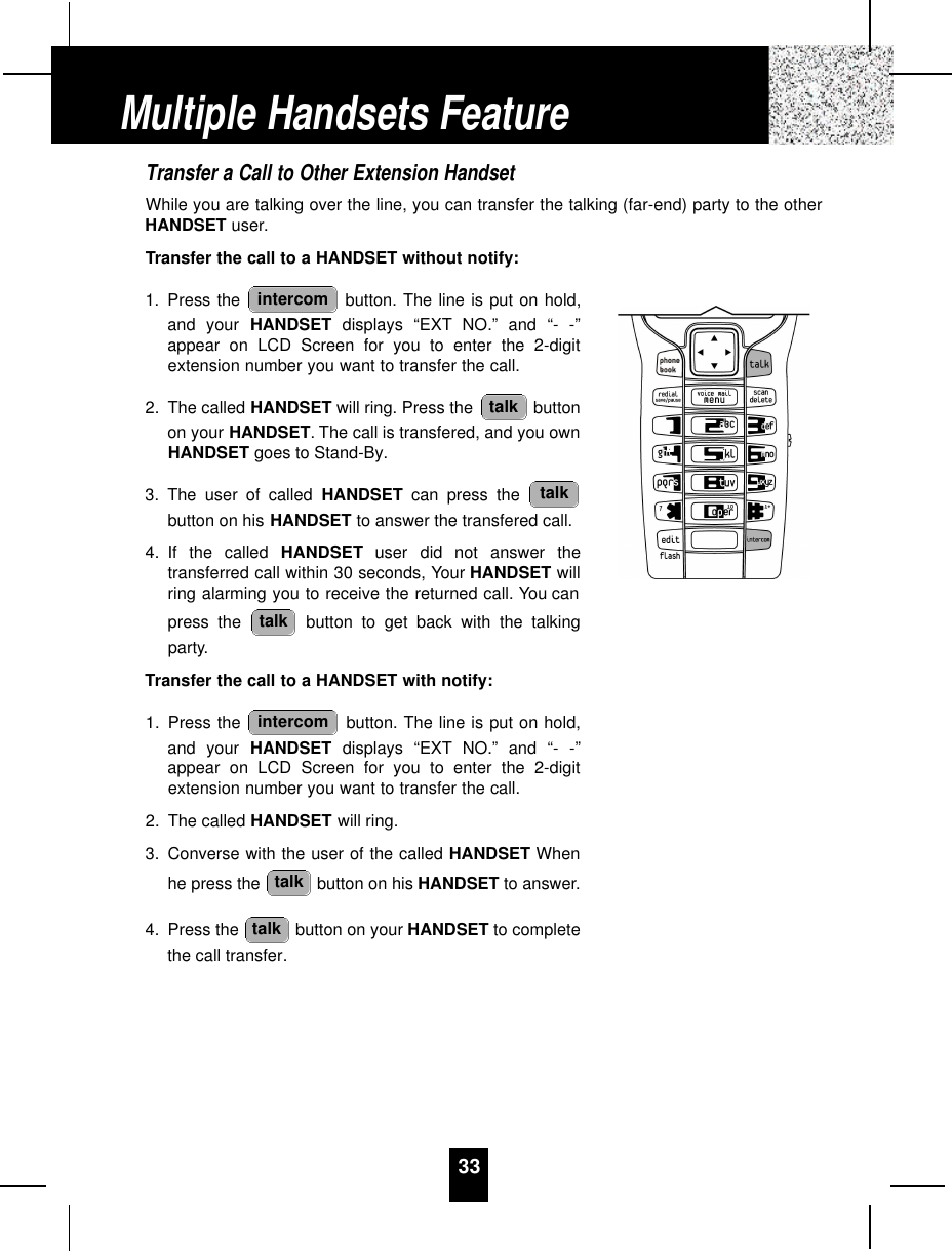 Transfer a Call to Other Extension HandsetWhile you are talking over the line, you can transfer the talking (far-end) party to the otherHANDSET user.Transfer the call to a HANDSET without notify:1. Press the  button. The line is put on hold,and your HANDSET displays “EXT NO.” and “- -”appear on LCD Screen for you to enter the 2-digitextension number you want to transfer the call.2. The called HANDSET will ring. Press the  buttonon your HANDSET. The call is transfered, and you ownHANDSET goes to Stand-By.3. The user of called HANDSET can press the button on his HANDSET to answer the transfered call.4. If  the  called  H A N D S E T user  did  not  answer  thetransferred call within 30 seconds, Your HANDSET willring alarming you to receive the returned call. You canpress the  button to get back with the talkingparty.Transfer the call to a HANDSET with notify:1. Press the  button. The line is put on hold,and your HANDSET displays “EXT NO.” and “- -”appear on LCD Screen for you to enter the 2-digitextension number you want to transfer the call.2. The called HANDSET will ring.3. Converse with the user of the called HANDSET Whenhe press the  button on his HANDSET to answer.4. Press the  button on your HANDSET to completethe call transfer.talktalkintercomtalktalktalkintercom33Multiple Handsets Feature