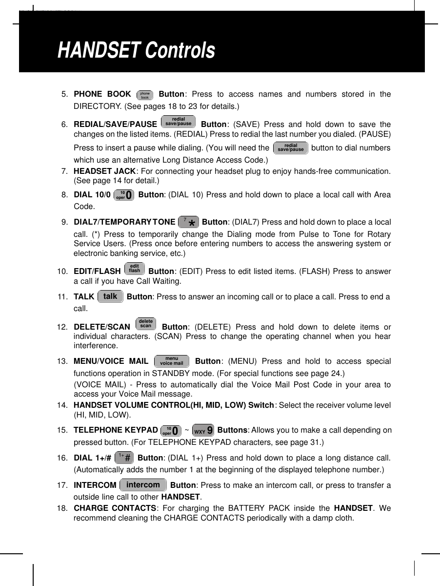 5. PHONE BOOK  Button: Press to access names and numbers stored in theDIRECTORY. (See pages 18 to 23 for details.)6. REDIAL/SAVE/PAUSE  Button: (SAVE) Press and hold down to save thechanges on the listed items. (REDIAL) Press to redial the last number you dialed. (PAUSE)Press to insert a pause while dialing. (You will need the  button to dial numberswhich use an alternative Long Distance Access Code.)7. HEADSET JACK: For connecting your headset plug to enjoy hands-free communication.(See page 14 for detail.)8. DIAL 10/0  Button: (DIAL 10) Press and hold down to place a local call with AreaCode.9. DIAL7/TEMPORARYTONE  Button: (DIAL7) Press and hold down to place a localcall. (*) Press to temporarily change the Dialing mode from Pulse to Tone for RotaryService Users. (Press once before entering numbers to access the answering system orelectronic banking service, etc.)10. EDIT/FLASH  Button: (EDIT) Press to edit listed items. (FLASH) Press to answera call if you have Call Waiting.11. TALK  Button: Press to answer an incoming call or to place a call. Press to end acall.12. DELETE/SCAN  Button: (DELETE) Press and hold down to delete items orindividual characters. (SCAN) Press to change the operating channel when you hearinterference.13. MENU/VOICE MAIL Button: (MENU) Press and hold to access specialfunctions operation in STANDBY mode. (For special functions see page 24.) (VOICE MAIL) - Press to automatically dial the Voice Mail Post Code in your area toaccess your Voice Mail message.14. HANDSET VOLUME CONTROL(HI, MID, LOW) Switch: Select the receiver volume level(HI, MID, LOW).15. TELEPHONE KEYPAD  ~Buttons: Allows you to make a call depending onpressed button. (For TELEPHONE KEYPAD characters, see page 31.)16. DIAL 1+/#  Button: (DIAL 1+) Press and hold down to place a long distance call.(Automatically adds the number 1 at the beginning of the displayed telephone number.)17. INTERCOM  Button: Press to make an intercom call, or press to transfer aoutside line call to other HANDSET.18. CHARGE CONTACTS: For charging the BATTERY PACK inside the HANDSET. Werecommend cleaning the CHARGE CONTACTS periodically with a damp cloth.intercom#1+9WXYmenuvoice maildeletescantalkeditflash*7redialsave/pauseredialsave/pauseHANDSET Controls