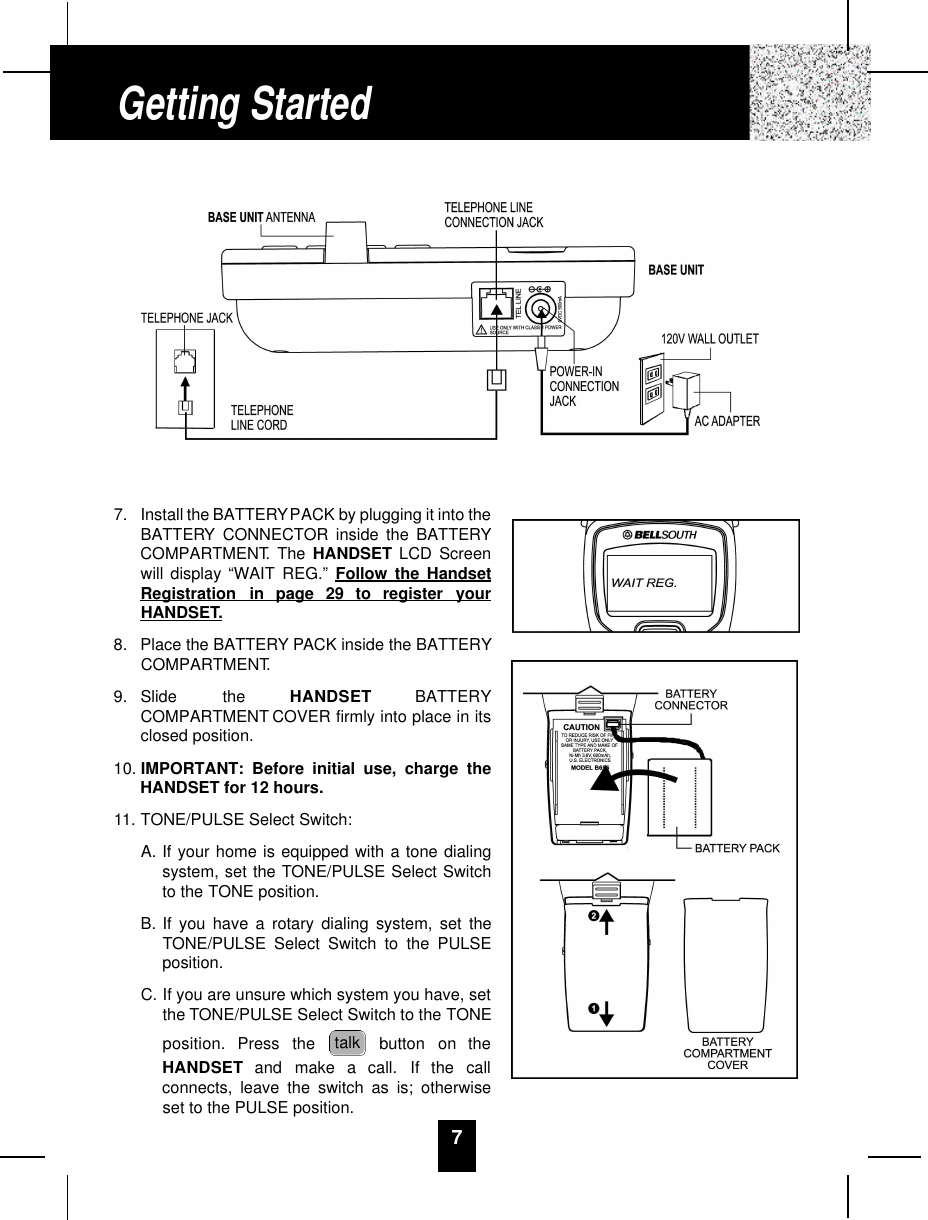 77. Install the BATTERYPACK by plugging it into theBATTERY CONNECTOR inside the BATTERYCOMPARTMENT. The HANDSET LCD Screenwill display “WAIT REG.” Follow the HandsetRegistration  in  page  29  to  register  yourHANDSET.8. Place the BATTERY PACK inside the BATTERYCOMPARTMENT.9. Slide  the  H A N D S E T B AT T E R YCOMPARTMENT COVER firmly into place in itsclosed position.10. IMPORTANT: Before initial use, charge theHANDSET for 12 hours. 11. TONE/PULSE Select Switch:A. If your home is equipped with a tone dialingsystem, set the TONE/PULSE Select Switchto the TONE position.B. If you have a rotary dialing system, set theTONE/PULSE Select Switch to the PULSEposition.C. If you are unsure which system you have, setthe TONE/PULSE Select Switch to the TONEposition.  Press  the  button  on  theH A N D S E T and  make  a  call.  If  the  callconnects, leave the switch as is; otherwiseset to the PULSE position.talkGetting Started