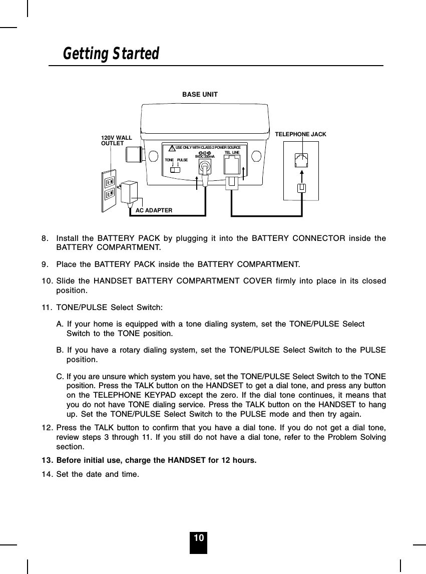 10Getting StartedTEL  LINE9VDC 200mA!TONE PULSEUSE ONLY WITH CLASS 2 POWER SOURCEBASE UNITAC ADAPTER120V WALL OUTLETTELEPHONE JACK8. Install the BATTERY PACK by plugging it into the BATTERY CONNECTOR inside theBATTERY COMPARTMENT.9. Place the BATTERY PACK inside the BATTERY COMPARTMENT.10. Slide the HANDSET BATTERY COMPARTMENT COVER firmly into place in its closedposition.11. TONE/PULSE Select Switch:A. If your home is equipped with a tone dialing system, set the TONE/PULSE SelectSwitch to the TONE position.B. If you have a rotary dialing system, set the TONE/PULSE Select Switch to the PULSEposition.C. If you are unsure which system you have, set the TONE/PULSE Select Switch to the TONEposition. Press the TALK button on the HANDSET to get a dial tone, and press any buttonon the TELEPHONE KEYPAD except the zero. If the dial tone continues, it means thatyou do not have TONE dialing service. Press the TALK button on the HANDSET to hangup. Set the TONE/PULSE Select Switch to the PULSE mode and then try again.12. Press the TALK button to confirm that you have a dial tone. If you do not get a dial tone,review steps 3 through 11. If you still do not have a dial tone, refer to the Problem Solvingsection.13. Before initial use, charge the HANDSET for 12 hours.14. Set the date and time.