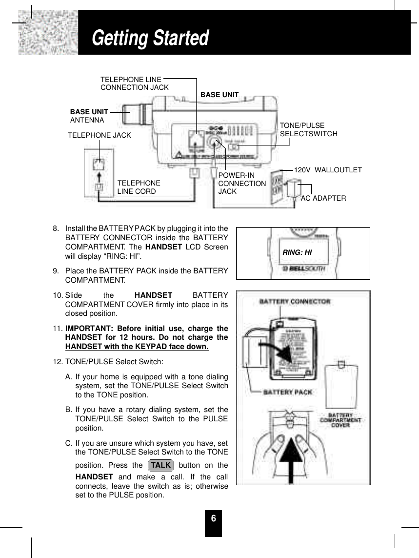 68. Install the BATTERYPACK by plugging it into theBATTERY CONNECTOR inside the BATTERYCOMPARTMENT. The HANDSET LCD Screenwill display “RING: HI”. 9. Place the BATTERY PACK inside the BATTERYCOMPARTMENT.10. Slide  the  H A N D S E T B AT T E RYCOMPARTMENT COVER firmly into place in itsclosed position.11. IMPORTANT: Before initial use, charge theHANDSET for 12 hours. Do not charge theHANDSET with the KEYPAD face down.12. TONE/PULSE Select Switch:A. If your home is equipped with a tone dialingsystem, set the TONE/PULSE Select Switchto the TONE position.B. If you have a rotary dialing system, set theTONE/PULSE Select Switch to the PULSEposition.C. If you are unsure which system you have, setthe TONE/PULSE Select Switch to the TONEposition. Press the  button on theH A N D S E T and  make  a  call.  If  the  callconnects, leave the switch as is; otherwiseset to the PULSE position.TALKGetting StartedPOWER-INCONNECTIONJACKTELEPHONELINE CORDTELEPHONE JACKTELEPHONE LINECONNECTION JACKBASE UNITANTENNABASE UNITTONE/PULSESELECTSWITCH120V WALLOUTLETAC ADAPTERRING: HI