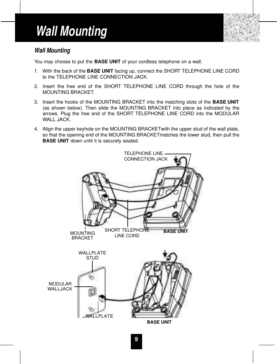 9Wall MountingYou may choose to put the BASE UNIT of your cordless telephone on a wall.1. With the back of the BASE UNIT facing up, connect the SHORT TELEPHONE LINE CORDto the TELEPHONE LINE CONNECTION JACK.2. Insert the free end of the SHORT TELEPHONE LINE CORD through the hole of theMOUNTING BRACKET.3. Insert the hooks of the MOUNTING BRACKET into the matching slots of the BASE UNIT(as shown below). Then slide the MOUNTING BRACKET into place as indicated by thearrows. Plug the free end of the SHORT TELEPHONE LINE CORD into the MODULARWALL JACK.4. Align the upper keyhole on the MOUNTING BRACKETwith the upper stud of the wall plate,so that the opening end of the MOUNTING BRACKETmatches the lower stud, then pull theBASE UNIT down until it is securely seated.Wall MountingTELEPHONE LINECONNECTION JACKMOUNTINGBRACKETWALLPLATESTUDSHORT TELEPHONELINE CORD BASE UNITBASE UNITWALLPLATEMODULARWALLJACK
