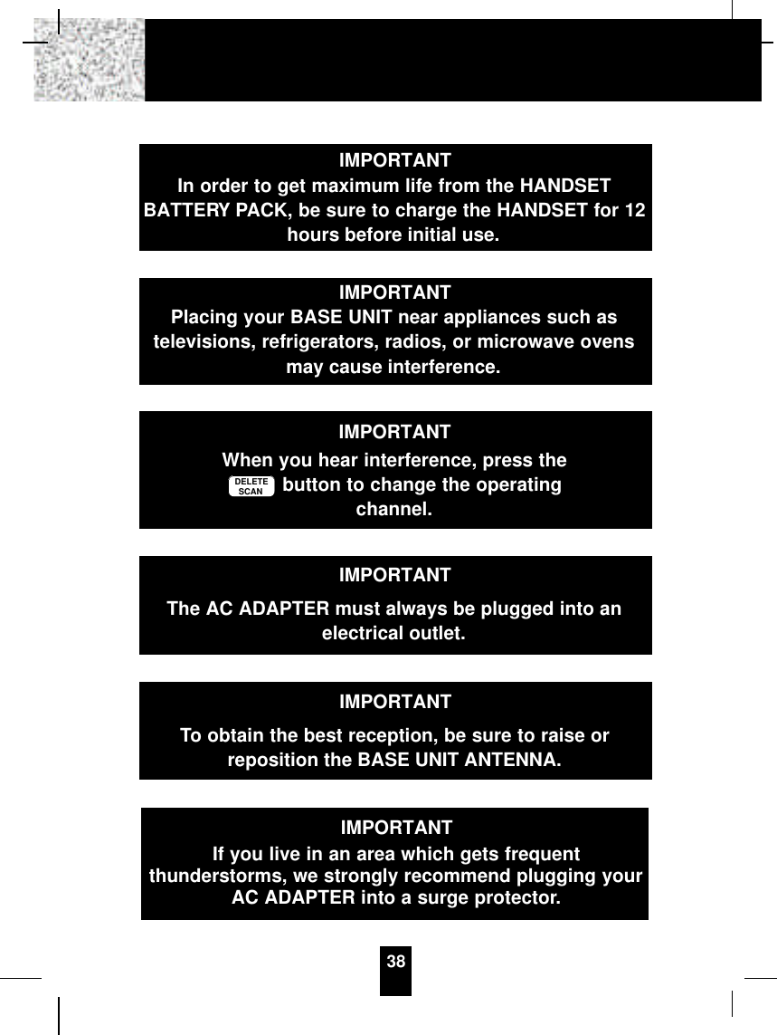 38IMPORTANTIn order to get maximum life from the HANDSETBATTERY PACK, be sure to charge the HANDSET for 12hours before initial use.IMPORTANTPlacing your BASE UNIT near appliances such astelevisions, refrigerators, radios, or microwave ovensmay cause interference.IMPORTANTWhen you hear interference, press thebutton to change the operatingchannel.DELETESCANIMPORTANTThe AC ADAPTER must always be plugged into anelectrical outlet.IMPORTANTIf you live in an area which gets frequentthunderstorms, we strongly recommend plugging yourAC ADAPTER into a surge protector.IMPORTANTTo obtain the best reception, be sure to raise orreposition the BASE UNIT ANTENNA.