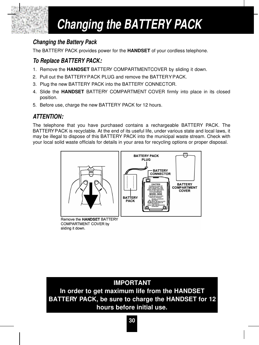 Changing the Battery PackThe BATTERY PACK provides power for the HANDSET of your cordless telephone.To Replace BATTERY PACK:1. Remove the HANDSET BATTERY COMPARTMENTCOVER by sliding it down.2. Pull out the BATTERYPACK PLUG and remove the BATTERYPACK.3. Plug the new BATTERY PACK into the BATTERY CONNECTOR.4. Slide the HANDSET BATTERY COMPARTMENT COVER firmly into place in its closedposition.5. Before use, charge the new BATTERY PACK for 12 hours.ATTENTION:The telephone that you have purchased contains a rechargeable BATTERY PACK. TheBATTERYPACK is recyclable. At the end of its useful life, under various state and local laws, itmay be illegal to dispose of this BATTERY PACK into the municipal waste stream. Check withyour local solid waste officials for details in your area for recycling options or proper disposal.30Changing the BATTERY PACKIMPORTANTIn order to get maximum life from the HANDSETBATTERY PACK, be sure to charge the HANDSET for 12hours before initial use.