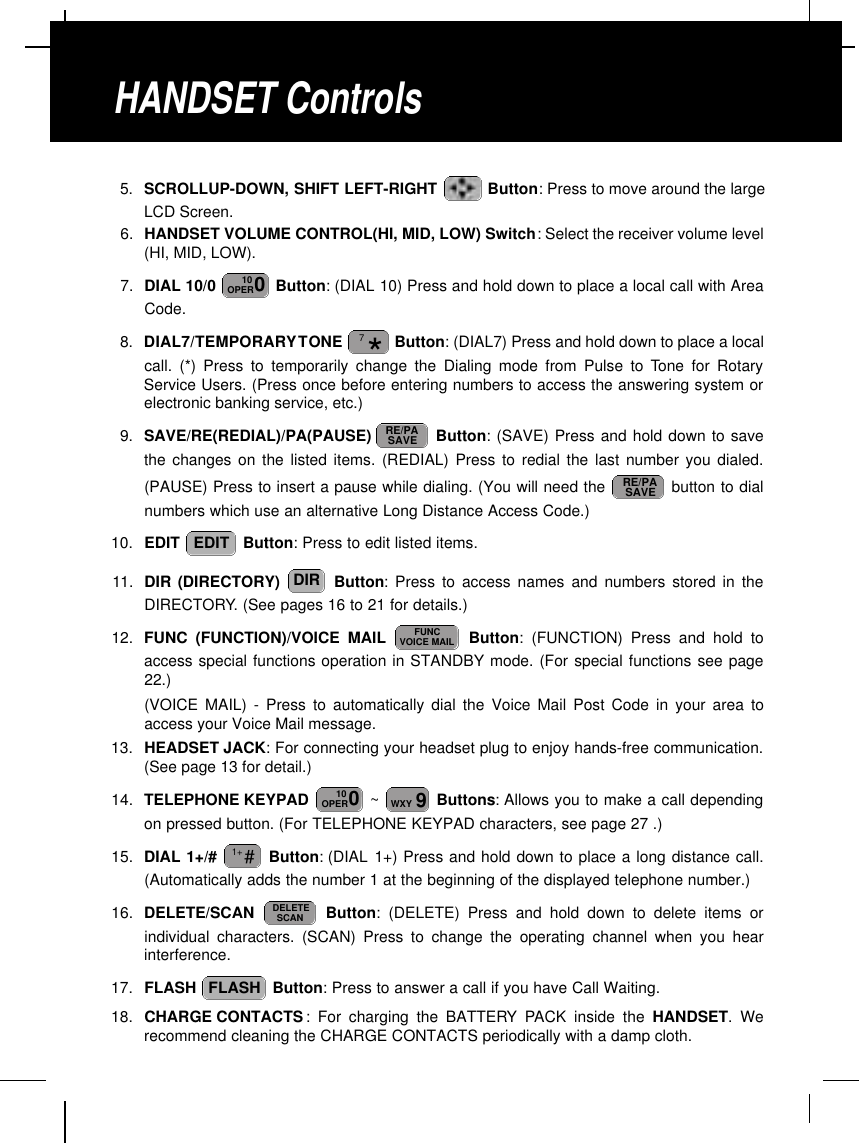5. SCROLLUP-DOWN, SHIFT LEFT-RIGHT  Button: Press to move around the largeLCD Screen.6. HANDSET VOLUME CONTROL(HI, MID, LOW) Switch: Select the receiver volume level(HI, MID, LOW).7. DIAL 10/0  Button: (DIAL 10) Press and hold down to place a local call with AreaCode.8. DIAL7/TEMPORARYTONE  Button: (DIAL7) Press and hold down to place a localcall. (*) Press to temporarily change the Dialing mode from Pulse to Tone for RotaryService Users. (Press once before entering numbers to access the answering system orelectronic banking service, etc.)9. SAVE/RE(REDIAL)/PA(PAUSE)  Button: (SAVE) Press and hold down to savethe changes on the listed items. (REDIAL) Press to redial the last number you dialed.(PAUSE) Press to insert a pause while dialing. (You will need the  button to dialnumbers which use an alternative Long Distance Access Code.)10. EDIT  Button: Press to edit listed items.11. DIR (DIRECTORY)  Button: Press to access names and numbers stored in theDIRECTORY. (See pages 16 to 21 for details.)12. FUNC (FUNCTION)/VOICE MAIL Button: (FUNCTION) Press and hold toaccess special functions operation in STANDBY mode. (For special functions see page22.) (VOICE MAIL) - Press to automatically dial the Voice Mail Post Code in your area toaccess your Voice Mail message.13. HEADSET JACK: For connecting your headset plug to enjoy hands-free communication.(See page 13 for detail.)14. TELEPHONE KEYPAD  ~Buttons:Allows you to make a call dependingon pressed button. (For TELEPHONE KEYPAD characters, see page 27 .)15. DIAL 1+/#  Button: (DIAL 1+) Press and hold down to place a long distance call.(Automatically adds the number 1 at the beginning of the displayed telephone number.)16. DELETE/SCAN  Button: (DELETE) Press and hold down to delete items orindividual characters. (SCAN) Press to change the operating channel when you hearinterference.17. FLASH  Button: Press to answer a call if you have Call Waiting.18. CHARGE CONTACTS : For charging the BATTERY PACK inside the HANDSET. Werecommend cleaning the CHARGE CONTACTS periodically with a damp cloth.FLASHDELETESCAN#1+9WXY010OPERFUNCVOICE MAILDIREDITRE/PASAVERE/PASAVE*7010OPERHANDSET Controls
