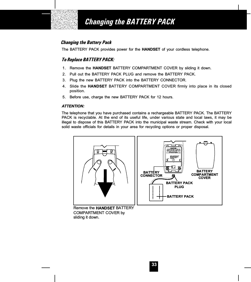 33Changing the Battery PackThe BATTERY  PACK  provides  power  for  the HANDSET  of  your  cordless  telephone.To Replace BATTERY PACK:1. Remove  the  HANDSET  BATTERY COMPARTMENT COVER  by  sliding  it  down.2. Pull out the BATTERY PACK PLUG and remove the BATTERY PACK.3. Plug the  new  BATTERY PACK  into  the  BATTERY  CONNECTOR.4. Slide the  HANDSET  BATTERY COMPARTMENT COVER  firmly  into  place  in  its  closedposition.5. Before  use, charge  the  new  BATTERY  PACK for  12  hours.ATTENTION:The telephone that you have purchased contains a rechargeable BATTERY PACK. The BATTERYPACK  is  recyclable.  At  the  end  of  its  useful  life,  under  various  state  and  local  laws,  it  may  beillegal to  dispose  of  this  BATTERY PACK  into  the  municipal  waste stream.  Check  with your  localsolid  waste  officials  for  details  in  your  area  for  recycling  options  or  proper  disposal.Changing the BATTERY PACKRemove the HANDSET BATTERYCOMPARTMENT COVER by sliding it down.BATTERYCOMPARTMENT COVERBATTERY PACKBATTERY CONNECTORCAUTIONTO  RED UCE  RISK  O F FIRE  O RINJURY, USE ONLY SAME TYP EAND MAKE OF BATT ERY PACK,Ni-Cd 3.6V, 600mAh .U.S. ELECTRONICS MO DE L  B650.NICKEL-CADMIUM BATTERY.MU ST   B E  R E C Y C LE D  O RDISP OSED  OF  PROP ER LY.USE T HE SP ECIFIEDCHARGER.Ni-CdBATTERY PACKPLUG