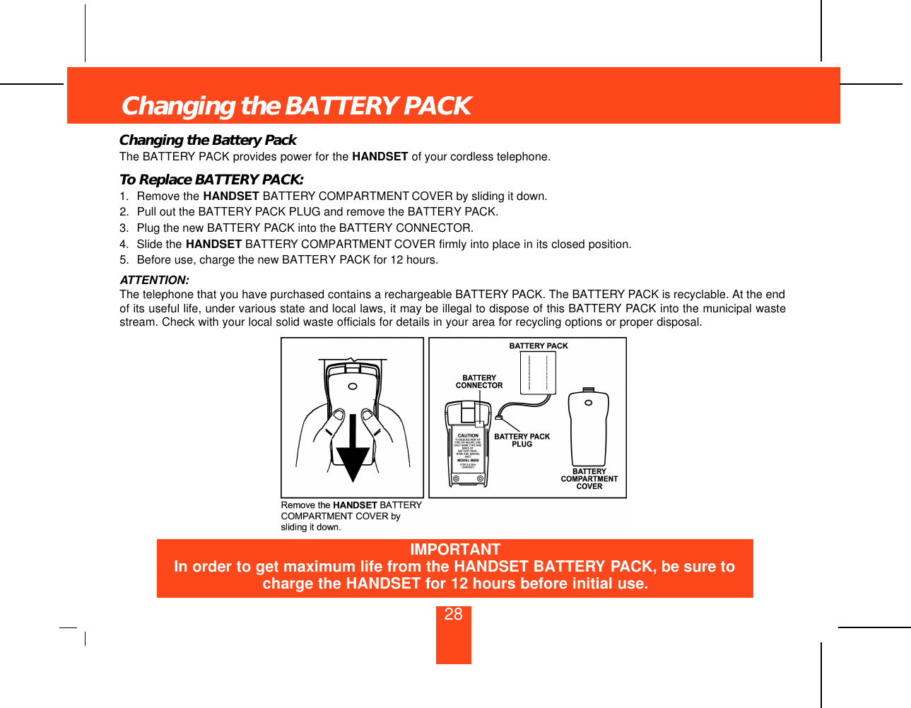 28Changing the BATTERY PACKChanging the Battery PackThe BATTERY PACK provides power for the HANDSET of your cordless telephone.To Replace BATTERY PACK:1. Remove the HANDSET BATTERY COMPARTMENT COVER by sliding it down.2. Pull out the BATTERY PACK PLUG and remove the BATTERY PACK.3. Plug the new BATTERY PACK into the BATTERY CONNECTOR.4. Slide the HANDSET BATTERY COMPARTMENT COVER firmly into place in its closed position.5. Before use, charge the new BATTERY PACK for 12 hours.ATTENTION:The telephone that you have purchased contains a rechargeable BATTERY PACK. The BATTERY PACK is recyclable. At the endof its useful life, under various state and local laws, it may be illegal to dispose of this BATTERY PACK into the municipal wastestream. Check with your local solid waste officials for details in your area for recycling options or proper disposal.IMPORTANTIn order to get maximum life from the HANDSET BATTERY PACK, be sure tocharge the HANDSET for 12 hours before initial use.