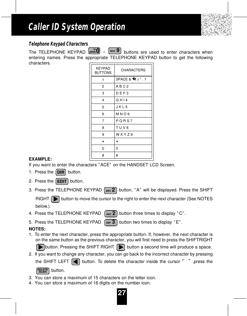 27Caller ID System OperationTelephone Keypad CharactersThe TELEPHONE KEYPAD ~  buttons are used to enter characters whenentering names. Press the appropriate TELEPHONE KEYPAD button to get the followingcharacters.EXAMPLE:If you want to enter the characters “ACE”on the HANDSET LCD Screen.1. Press the  button.2. Press the  button.3. Press the TELEPHONE KEYPAD  button, “A”will be displayed. Press the SHIFTRIGHT  button to move the cursor to the right to enter the next character (See NOTESbelow.).4. Press the TELEPHONE KEYPAD   button three times to display “C”.5. Press the TELEPHONE KEYPAD   button two times to display “E”.NOTES:1. To enter the next character, press the appropriate button. If, however, the next character ison the same button as the previous character, you will first need to press the SHIFTRIGHTbutton. Pressing the SHIFT RIGHT  button a second time will produce a space.2. If you want to change any character, you can go back to the incorrect character by pressingthe SHIFT LEFT button. To delete the character inside the cursor “ ”,press thebutton.3. You can store a maximum of 15 characters on the letter icon.4. You can store a maximum of 16 digits on the number icon.DELETESCANDEF 3ABC 2ABC 2EDITDIRWXY 9KEYPADBUTTONS123456789*0#CHARACTERSSPACE &amp;  ( ) * . 1A B C 2D E F 3G H I 4J K L 5M N O 6P Q R S 7T U V 8W X Y Z 9*0#