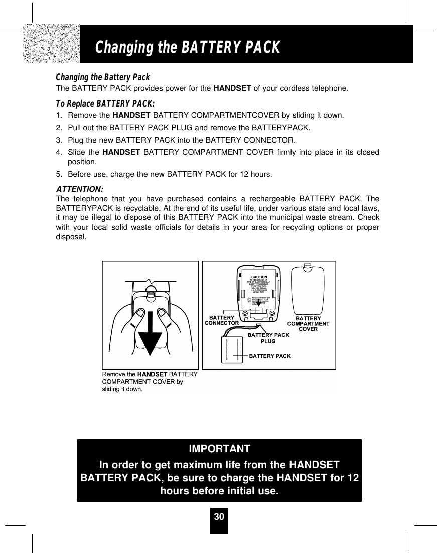 30Changing the BATTERY PACKChanging the Battery PackThe BATTERY PACK provides power for the HANDSET of your cordless telephone.To Replace BATTERY PACK:1. Remove the HANDSET BATTERY COMPARTMENTCOVER by sliding it down.2. Pull out the BATTERY PACK PLUG and remove the BATTERYPACK.3. Plug the new BATTERY PACK into the BATTERY CONNECTOR.4. Slide the HANDSET BATTERY COMPARTMENT COVER firmly into place in its closedposition.5. Before use, charge the new BATTERY PACK for 12 hours.ATTENTION:The telephone that you have purchased contains a rechargeable BATTERY PACK. TheBATTERYPACK is recyclable. At the end of its useful life, under various state and local laws,it may be illegal to dispose of this BATTERY PACK into the municipal waste stream. Checkwith your local solid waste officials for details in your area for recycling options or properdisposal.IMPORTANTIn order to get maximum life from the HANDSETBATTERY PACK, be sure to charge the HANDSET for 12hours before initial use.