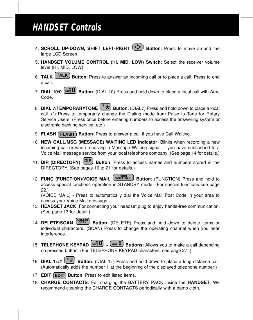 HANDSET Controls4. SCROLL UP-DOWN, SHIFT LEFT-RIGHT Button: Press to move around thelarge LCD Screen.5. HANDSET VOLUME CONTROL (HI, MID, LOW) Switch: Select the receiver volumelevel (HI, MID, LOW).6. TALK  Button: Press to answer an incoming call or to place a call. Press to enda call.7. DIAL 10/0  Button: (DIAL 10) Press and hold down to place a local call with AreaCode.8. DIAL 7/TEMPORARYTONE  Button: (DIAL7) Press and hold down to place a localcall. (*) Press to temporarily change the Dialing mode from Pulse to Tone for RotaryService Users. (Press once before entering numbers to access the answering system orelectronic banking service, etc.)9. FLASH  Button: Press to answer a call if you have Call Waiting.10. NEW CALL/MSG (MESSAGE) WAITING LED Indicator: Blinks when recording a newincoming call or when receiving a Message Waiting signal, if you have subscribed to aVoice Mail message service from your local telephone company. (See page 14 for details.)11. DIR (DIRECTORY) Button: Press to access names and numbers stored in theDIRECTORY. (See pages 16 to 21 for details.)12. FUNC (FUNCTION)/VOICE MAIL Button: (FUNCTION) Press and hold toaccess special functions operation in STANDBY mode. (For special functions see page22.)(VOICE MAIL) - Press to automatically dial the Voice Mail Post Code in your area toaccess your Voice Mail message.13. HEADSET JACK: For connecting your headset plug to enjoy hands-free communication.(See page 13 for detail.)14. DELETE/SCAN  Button: (DELETE) Press and hold down to delete items orindividual characters. (SCAN) Press to change the operating channel when you hearinterference.15. TELEPHONE KEYPAD  ~  Buttons: Allows you to make a call dependingon pressed button. (For TELEPHONE KEYPAD characters, see page 27 .)16. DIAL 1+/#  Button: (DIAL 1+) Press and hold down to place a long distance call.(Automatically adds the number 1 at the beginning of the displayed telephone number.)17. EDIT  Button: Press to edit listed items.18. CHARGE CONTACTS: For charging the BATTERY PACK inside the HANDSET. Werecommend cleaning the CHARGE CONTACTS periodically with a damp cloth.EDIT1+ #WXY 9DELETESCANFUNCVOICE MAILDIRFLASHTALK