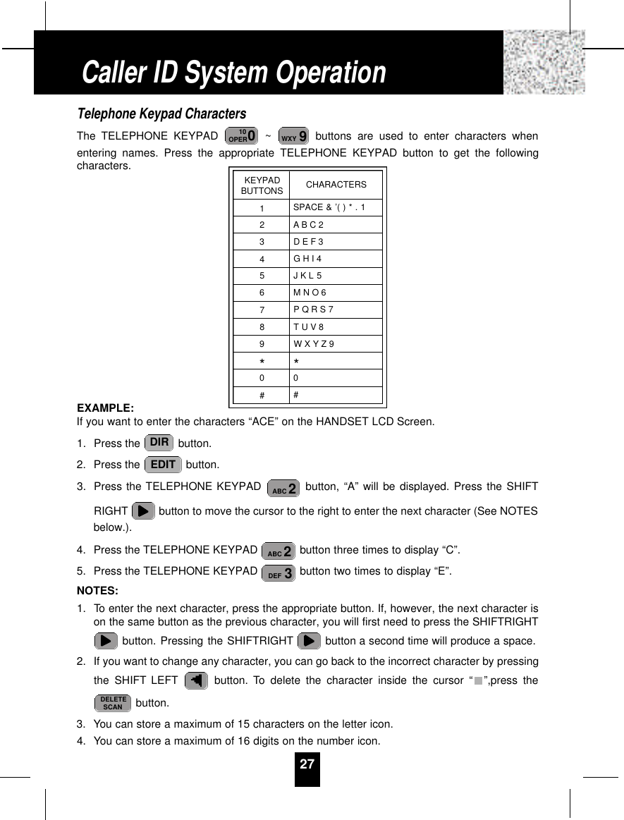 Telephone Keypad CharactersThe TELEPHONE KEYPAD  ~ buttons are used to enter characters whenentering names. Press the appropriate TELEPHONE KEYPAD button to get the followingcharacters.EXAMPLE:If you want to enter the characters “ACE” on the HANDSET LCD Screen.1. Press the  button.2. Press the  button.3. Press the TELEPHONE KEYPAD  button, “A” will be displayed. Press the SHIFTRIGHT button to move the cursor to the right to enter the next character (See NOTESbelow.).4. Press the TELEPHONE KEYPAD  button three times to display “C”.5. Press the TELEPHONE KEYPAD  button two times to display “E”.NOTES:1. To enter the next character, press the appropriate button. If, however, the next character ison the same button as the previous character, you will first need to press the SHIFTRIGHTbutton. Pressing the SHIFTRIGHT button a second time will produce a space.2. If you want to change any character, you can go back to the incorrect character by pressingthe SHIFT LEFT button. To delete the character inside the cursor “ ”,press thebutton.3. You can store a maximum of 15 characters on the letter icon.4. You can store a maximum of 16 digits on the number icon.DELETESCAN3DEF2ABC2ABCEDITDIR9WXY010OPER27Caller ID System OperationKEYPADBUTTONS123456789*0#CHARACTERSSPACE &amp; ’( ) * . 1AB C 2D E F 3G H I 4J K L 5M N O 6P Q R S 7T U V 8W X Y Z 9*0#