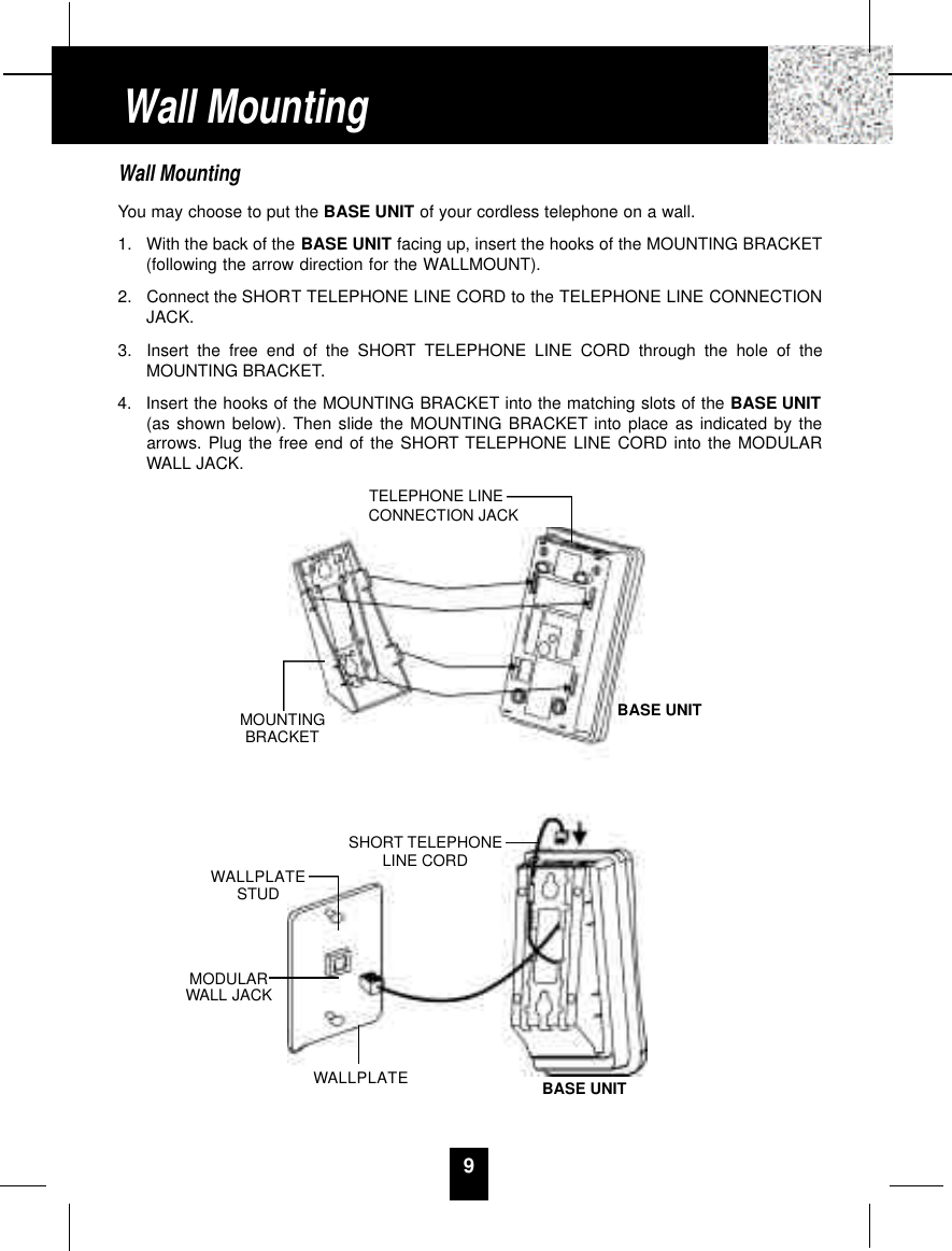 9Wall MountingYou may choose to put the BASE UNIT of your cordless telephone on a wall.1. With the back of the BASE UNIT facing up, insert the hooks of the MOUNTING BRACKET(following the arrow direction for the WALLMOUNT). 2. Connect the SHORT TELEPHONE LINE CORD to the TELEPHONE LINE CONNECTIONJACK.3. Insert the free end of the SHORT TELEPHONE LINE CORD through the hole of theMOUNTING BRACKET.4. Insert the hooks of the MOUNTING BRACKET into the matching slots of the BASE UNIT(as shown below). Then slide the MOUNTING BRACKET into place as indicated by thearrows. Plug the free end of the SHORT TELEPHONE LINE CORD into the MODULARWALL JACK.Wall MountingTELEPHONE LINECONNECTION JACKMOUNTINGBRACKETWALLPLATESTUDSHORT TELEPHONELINE CORDBASE UNITBASE UNITWALLPLATEMODULARWALL JACK