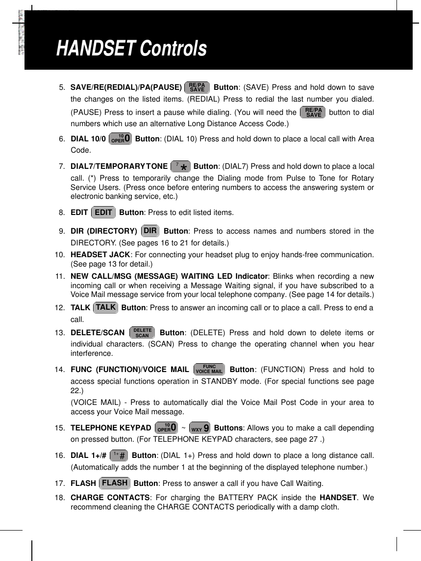 5. SAVE/RE(REDIAL)/PA(PAUSE)  Button: (SAVE) Press and hold down to savethe changes on the listed items. (REDIAL) Press to redial the last number you dialed.(PAUSE) Press to insert a pause while dialing. (You will need the  button to dialnumbers which use an alternative Long Distance Access Code.)6. DIAL 10/0  Button: (DIAL 10) Press and hold down to place a local call with AreaCode.7. DIAL7/TEMPORARYTONE  Button: (DIAL7) Press and hold down to place a localcall. (*) Press to temporarily change the Dialing mode from Pulse to Tone for RotaryService Users. (Press once before entering numbers to access the answering system orelectronic banking service, etc.)8. EDIT  Button: Press to edit listed items.9. DIR (DIRECTORY)  Button: Press to access names and numbers stored in theDIRECTORY. (See pages 16 to 21 for details.)10. HEADSET JACK: For connecting your headset plug to enjoy hands-free communication.(See page 13 for detail.)11. NEW CALL/MSG (MESSAGE) WAITING LED Indicator: Blinks when recording a newincoming call or when receiving a Message Waiting signal, if you have subscribed to aVoice Mail message service from your local telephone company. (See page 14 for details.)12. TALK  Button: Press to answer an incoming call or to place a call. Press to end acall.13. DELETE/SCAN  Button: (DELETE) Press and hold down to delete items orindividual characters. (SCAN) Press to change the operating channel when you hearinterference.14. FUNC (FUNCTION)/VOICE MAIL Button: (FUNCTION) Press and hold toaccess special functions operation in STANDBY mode. (For special functions see page22.) (VOICE MAIL) - Press to automatically dial the Voice Mail Post Code in your area toaccess your Voice Mail message.15. TELEPHONE KEYPAD  ~Buttons:Allows you to make a call dependingon pressed button. (For TELEPHONE KEYPAD characters, see page 27 .)16. DIAL 1+/#  Button: (DIAL 1+) Press and hold down to place a long distance call.(Automatically adds the number 1 at the beginning of the displayed telephone number.)17. FLASH  Button: Press to answer a call if you have Call Waiting.18. CHARGE CONTACTS: For charging the BATTERY PACK inside the HANDSET. Werecommend cleaning the CHARGE CONTACTS periodically with a damp cloth.FLASH#1+9WXY010OPERFUNCVOICE MAILDELETESCANTALKDIREDIT*7010OPERRE/PASAVERE/PASAVEHANDSET Controls