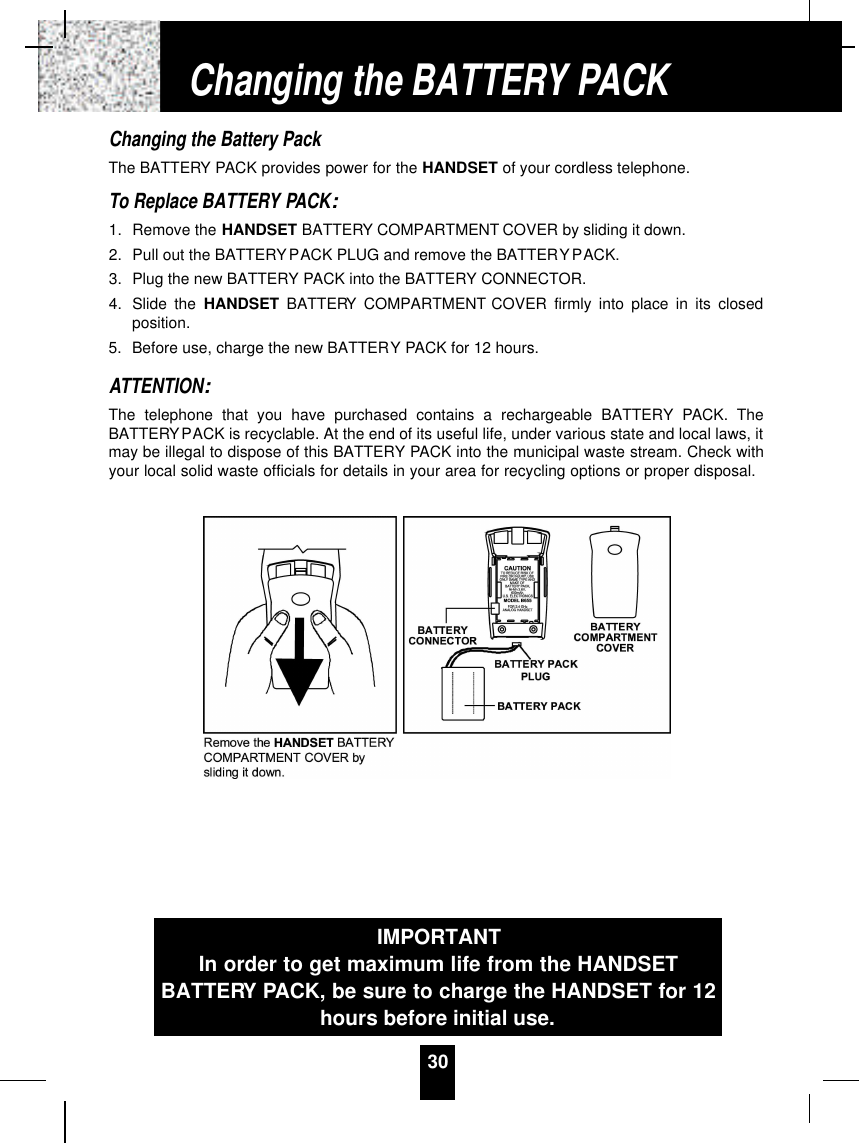 Changing the Battery PackThe BATTERY PACK provides power for the HANDSET of your cordless telephone.To Replace BATTERY PACK:1. Remove the HANDSET BATTERY COMPARTMENT COVER by sliding it down.2. Pull out the BATTERYPACK PLUG and remove the BATTERYPACK.3. Plug the new BATTERY PACK into the BATTERY CONNECTOR.4. Slide the HANDSET BATTERY COMPARTMENT COVER firmly into place in its closedposition.5. Before use, charge the new BATTERY PACK for 12 hours.ATTENTION:The telephone that you have purchased contains a rechargeable BATTERY PACK. TheBATTERYPACK is recyclable. At the end of its useful life, under various state and local laws, itmay be illegal to dispose of this BATTERY PACK into the municipal waste stream. Check withyour local solid waste officials for details in your area for recycling options or proper disposal.30Changing the BATTERY PACKIMPORTANTIn order to get maximum life from the HANDSETBATTERY PACK, be sure to charge the HANDSET for 12hours before initial use.