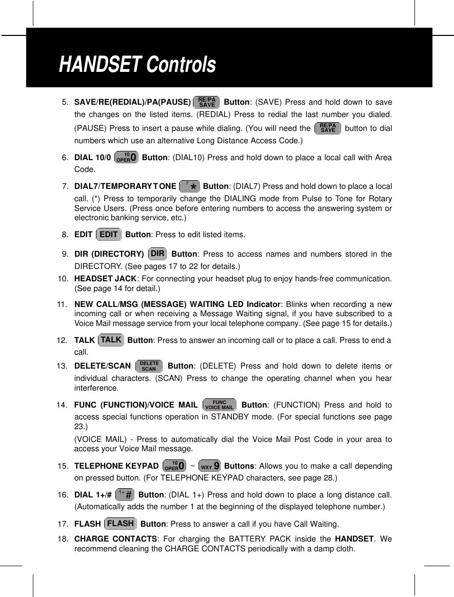 5. SAVE/RE(REDIAL)/PA(PAUSE)  Button: (SAVE) Press and hold down to savethe changes on the listed items. (REDIAL) Press to redial the last number you dialed.(PAUSE) Press to insert a pause while dialing. (You will need the  button to dialnumbers which use an alternative Long Distance Access Code.)6. DIAL 10/0  Button: (DIAL10) Press and hold down to place a local call with AreaCode.7. DIAL7/TEMPORARYTONE  Button: (DIAL7) Press and hold down to place a localcall. (*) Press to temporarily change the DIALING mode from Pulse to Tone for RotaryService Users. (Press once before entering numbers to access the answering system orelectronic banking service, etc.)8. EDIT  Button: Press to edit listed items.9. DIR (DIRECTORY)  Button: Press to access names and numbers stored in theDIRECTORY. (See pages 17 to 22 for details.)10. HEADSET JACK: For connecting your headset plug to enjoy hands-free communication.(See page 14 for detail.)11. NEW CALL/MSG (MESSAGE) WAITING LED Indicator: Blinks when recording a newincoming call or when receiving a Message Waiting signal, if you have subscribed to aVoice Mail message service from your local telephone company. (See page 15 for details.)12. TALK  Button: Press to answer an incoming call or to place a call. Press to end acall.13. DELETE/SCAN  Button: (DELETE) Press and hold down to delete items orindividual characters. (SCAN) Press to change the operating channel when you hearinterference.14. FUNC (FUNCTION)/VOICE MAIL Button: (FUNCTION) Press and hold toaccess special functions operation in STANDBY mode. (For special functions see page23.) (VOICE MAIL) - Press to automatically dial the Voice Mail Post Code in your area toaccess your Voice Mail message.15. TELEPHONE KEYPAD  ~Buttons:Allows you to make a call dependingon pressed button. (For TELEPHONE KEYPAD characters, see page 28.)16. DIAL 1+/#  Button: (DIAL 1+) Press and hold down to place a long distance call.(Automatically adds the number 1 at the beginning of the displayed telephone number.)17. FLASH  Button: Press to answer a call if you have Call Waiting.18. CHARGE CONTACTS: For charging the BATTERY PACK inside the HANDSET. Werecommend cleaning the CHARGE CONTACTS periodically with a damp cloth.FLASH#1+9WXY010OPERFUNCVOICE MAILDELETESCANTALKDIREDIT*7010OPERRE/PASAVERE/PASAVEHANDSET Controls