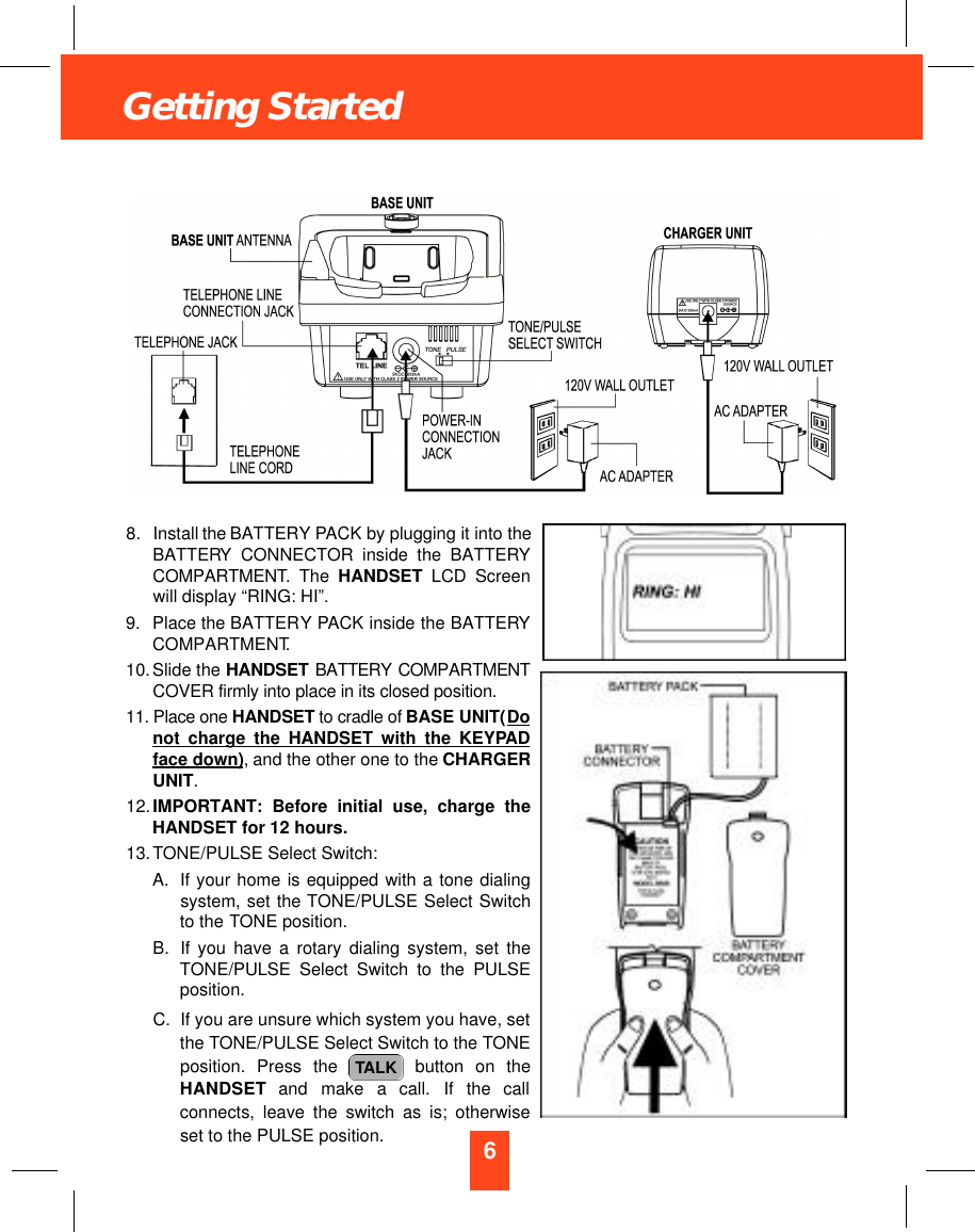 6Getting Started8. Install the BATTERY PACK by plugging it into theBATTERY CONNECTOR inside the BATTERYCOMPARTMENT. The HANDSET LCD Screenwill display “RING: HI”.9. Place the BATTERY PACK inside the BATTERYCOMPARTMENT.10.Slide the H A N D S E T B AT T E RY C O M PA RT M E N TCOVER firmly into place in its closed position.11. Place one H A N D S E T to cradle of BASE UNIT(Donot charge the HANDSET with the KEYPADface down), and the other one to the CHARGERUNIT.12.IMPORTANT: Before initial use, charge theHANDSET for 12 hours. 13.TONE/PULSE Select Switch:A. If your home is equipped with a tone dialingsystem, set the TONE/PULSE Select Switchto the TONE position.B. If you have a rotary dialing system, set theTONE/PULSE Select Switch to the PULSEposition.C. If you are unsure which system you have, setthe TONE/PULSE Select Switch to the TONEposition. Press the  button on theH A N D S E T and  make  a  call.  If  the  callconnects, leave the switch as is; otherwiseset to the PULSE position.TALK