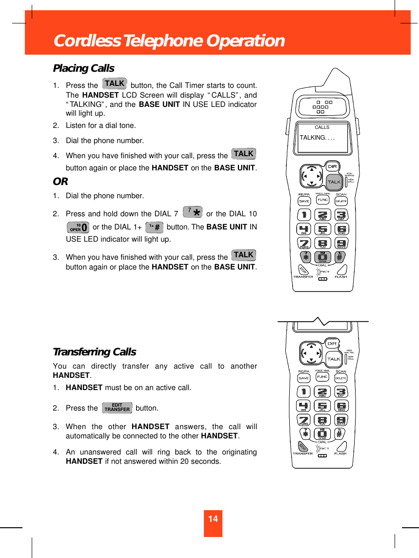 Placing Calls1. Press the  button, the Call Timer starts to count.The  HANDSET LCD Screen will display “CALLS”, and“TALKING”, and the BASE UNIT IN USE LED indicatorwill light up.2. Listen for a dial tone.3. Dial the phone number.4. When you have finished with your call, press the button again or place the HANDSET on the BASE UNIT.OR1. Dial the phone number.2. Press and hold down the DIAL 7  or the DIAL 10or the DIAL 1+  button. The BASE UNIT INUSE LED indicator will light up.3. When you have finished with your call, press the button again or place the HANDSET on the BASE UNIT.Transferring CallsYou can directly transfer any active call to anotherHANDSET.1. HANDSET must be on an active call.2. Press the  button.3. When the other HANDSET  answers, the call willautomatically be connected to the other HANDSET.4. An unanswered call will ring back to the originatingHANDSET if not answered within 20 seconds.EDITTRANSFERTALK1+ #TALKTALK14Cordless Telephone OperationTALKING....CALLS