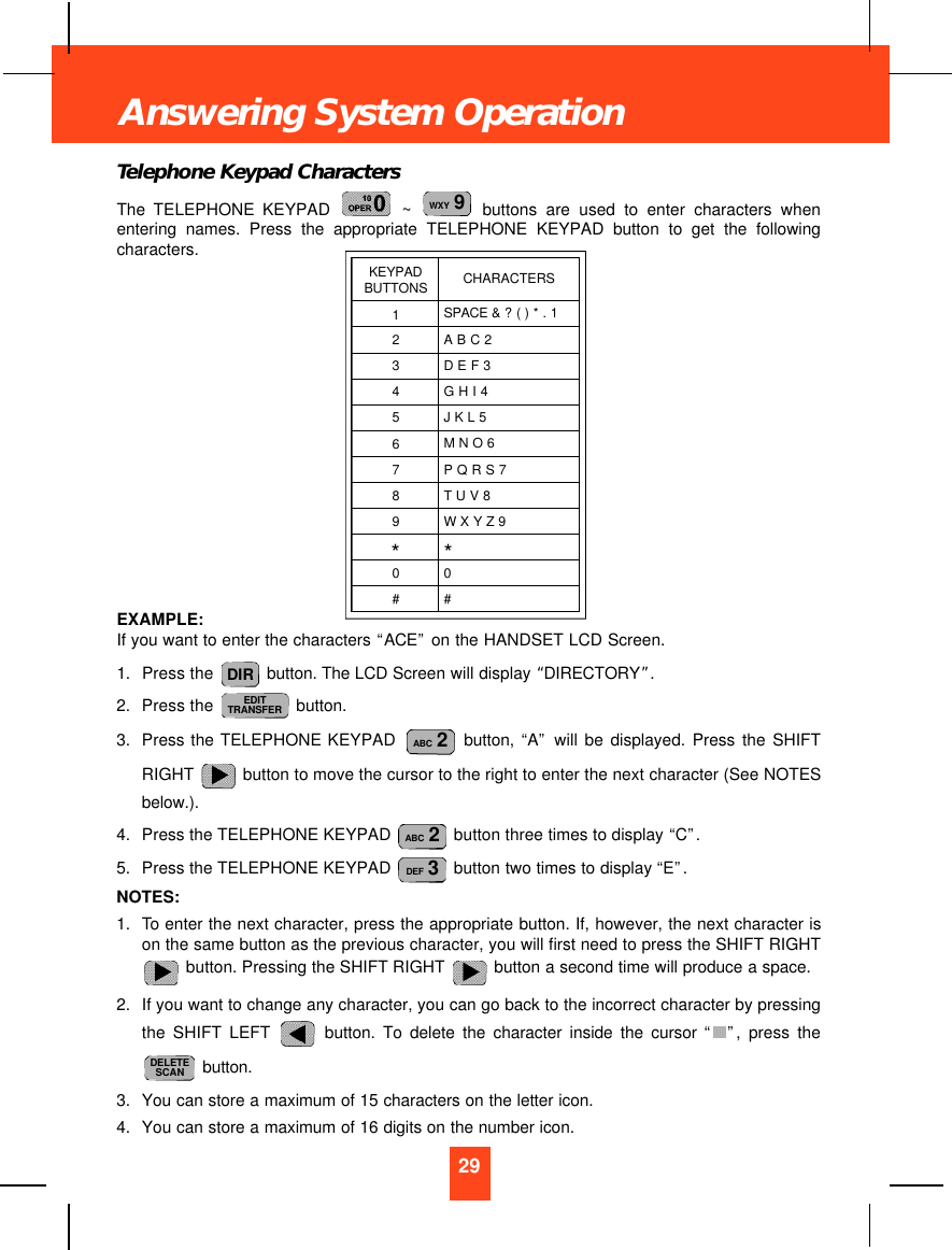 Telephone Keypad CharactersThe TELEPHONE KEYPAD ~  buttons are used to enter characters whenentering names. Press the appropriate TELEPHONE KEYPAD button to get the followingcharacters.EXAMPLE:If you want to enter the characters “ACE”on the HANDSET LCD Screen.1. Press the  button. The LCD Screen will display “DIRECTORY”.2. Press the  button.3. Press the TELEPHONE KEYPAD  button,  “A”will be displayed. Press the SHIFTRIGHT  button to move the cursor to the right to enter the next character (See NOTESbelow.).4. Press the TELEPHONE KEYPAD  button three times to display “C”.5. Press the TELEPHONE KEYPAD  button two times to display “E”.NOTES:1. To enter the next character, press the appropriate button. If, however, the next character ison the same button as the previous character, you will first need to press the SHIFT RIGHTbutton. Pressing the SHIFT RIGHT  button a second time will produce a space.2. If you want to change any character, you can go back to the incorrect character by pressingthe SHIFT LEFT button. To delete the character inside the cursor “ ”, press thebutton.3. You can store a maximum of 15 characters on the letter icon.4. You can store a maximum of 16 digits on the number icon.DELETESCANDEF 3ABC 2ABC 2EDITTRANSFERDIRWXY 929Answering System OperationKEYPADBUTTONS123456789*0#CHARACTERSSPACE &amp; ?( ) * . 1A B C 2D E F 3G H I 4J K L 5M N O 6P Q R S 7T U V 8W X Y Z 9*0#