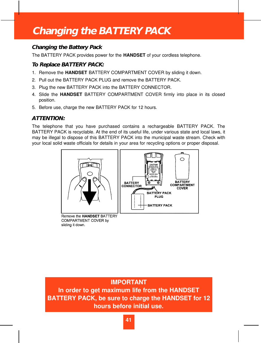 Changing the Battery PackThe BATTERY PACK provides power for the HANDSET of your cordless telephone.To Replace BATTERY PACK:1. Remove the HANDSET BATTERY COMPARTMENT COVER by sliding it down.2. Pull out the BATTERY PACK PLUG and remove the BATTERY PACK.3. Plug the new BATTERY PACK into the BATTERY CONNECTOR.4. Slide the HANDSET BATTERY COMPARTMENT COVER firmly into place in its closedposition.5. Before use, charge the new BATTERY PACK for 12 hours.ATTENTION:The telephone that you have purchased contains a rechargeable BATTERY PACK. TheBATTERY PACK is recyclable. At the end of its useful life, under various state and local laws, itmay be illegal to dispose of this BATTERY PACK into the municipal waste stream. Check withyour local solid waste officials for details in your area for recycling options or proper disposal.41Changing the BATTERY PACKIMPORTANTIn order to get maximum life from the HANDSETBATTERY PACK, be sure to charge the HANDSET for 12hours before initial use.