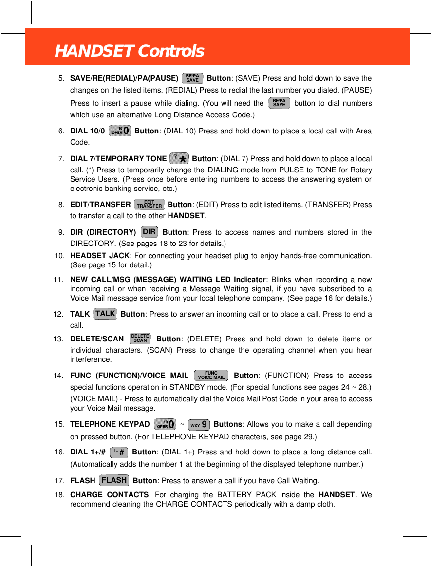5. SAVE/RE(REDIAL)/PA(PAUSE)  Button: (SAVE) Press and hold down to save thechanges on the listed items. (REDIAL) Press to redial the last number you dialed. (PAUSE)Press to insert a pause while dialing. (You will need the  button to dial numberswhich use an alternative Long Distance Access Code.)6. DIAL 10/0  Button: (DIAL 10) Press and hold down to place a local call with AreaCode.7. DIAL 7/TEMPORARY TONE  Button: (DIAL 7) Press and hold down to place a localcall. (*) Press to temporarily change the DIALING mode from PULSE to TONE for RotaryService Users. (Press once before entering numbers to access the answering system orelectronic banking service, etc.)8. EDIT/TRANSFER  Button: (EDIT) Press to edit listed items. (TRANSFER) Pressto transfer a call to the other HANDSET.9. DIR (DIRECTORY) Button: Press to access names and numbers stored in theDIRECTORY. (See pages 18 to 23 for details.)10. HEADSET JACK: For connecting your headset plug to enjoy hands-free communication.(See page 15 for detail.)11. NEW CALL/MSG (MESSAGE) WAITING LED Indicator: Blinks when recording a newincoming call or when receiving a Message Waiting signal, if you have subscribed to aVoice Mail message service from your local telephone company. (See page 16 for details.)12. TALK  Button: Press to answer an incoming call or to place a call. Press to end acall.13. DELETE/SCAN  Button: (DELETE) Press and hold down to delete items orindividual characters. (SCAN) Press to change the operating channel when you hearinterference.14. FUNC (FUNCTION)/VOICE MAIL Button: (FUNCTION) Press to accessspecial functions operation in STANDBY mode. (For special functions see pages 24 ~ 28.) (VOICE MAIL) - Press to automatically dial the Voice Mail Post Code in your area to accessyour Voice Mail message.15. TELEPHONE KEYPAD  ~  Buttons: Allows you to make a call dependingon pressed button. (For TELEPHONE KEYPAD characters, see page 29.)16. DIAL 1+/#  Button: (DIAL 1+) Press and hold down to place a long distance call.(Automatically adds the number 1 at the beginning of the displayed telephone number.)17. FLASH  Button: Press to answer a call if you have Call Waiting.18. CHARGE CONTACTS: For charging the BATTERY PACK inside the HANDSET. Werecommend cleaning the CHARGE CONTACTS periodically with a damp cloth.FLASH1+ #WXY 9FUNCVOICE MAILDELETESCANTALKDIREDITTRANSFERRE/PASAVERE/PASAVEHANDSET Controls