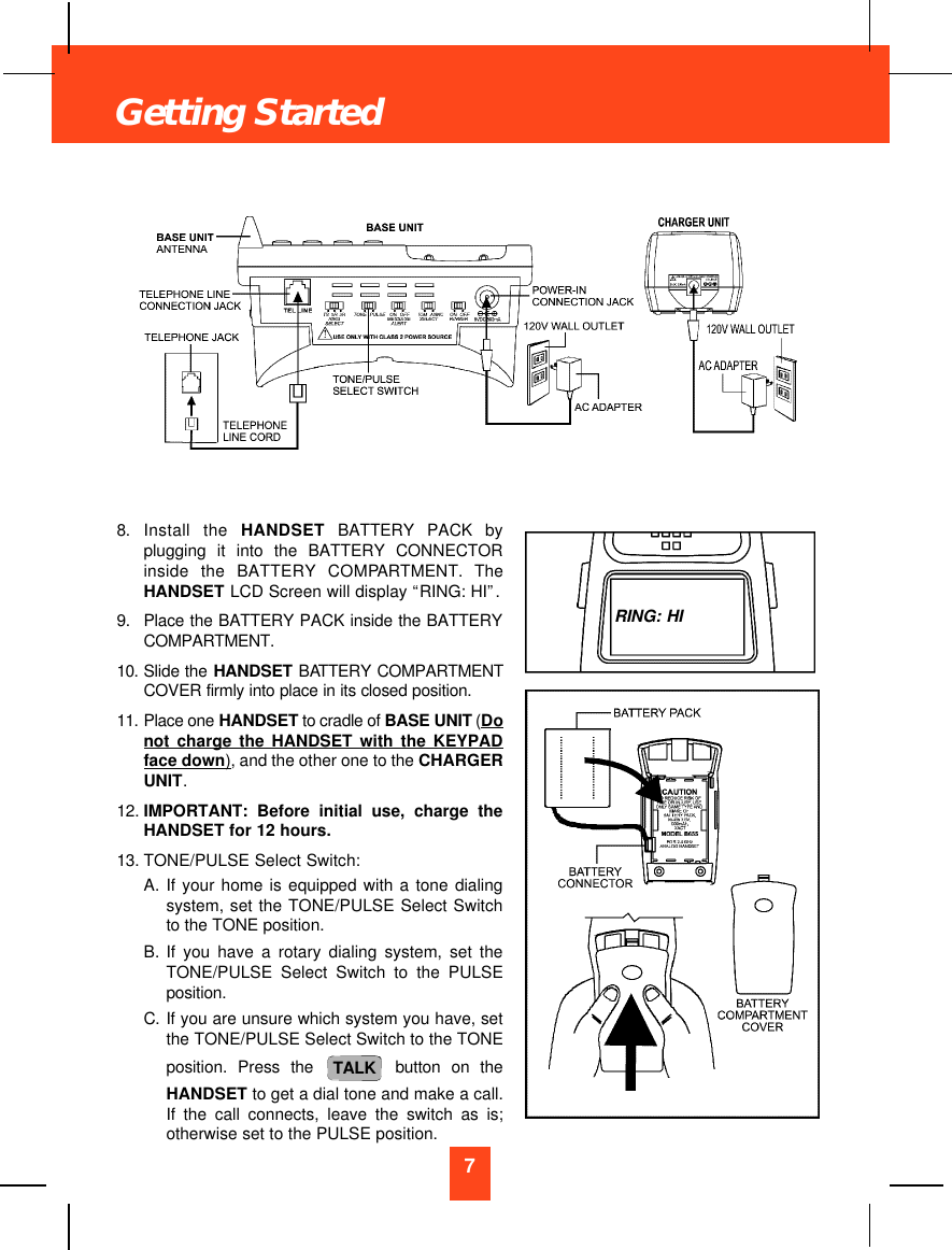 8. Install the HANDSET BATTERY PACK byplugging it into the BATTERY CONNECTORinside the BATTERY COMPARTMENT. TheHANDSET LCD Screen will display “RING: HI”.9. Place the BATTERY PACK inside the BATTERYCOMPARTMENT.10. Slide the HANDSET BATTERY COMPARTMENTCOVER firmly into place in its closed position.11. Place one HANDSET to cradle of BASE UNIT (Donot charge the HANDSET with the KEYPADface down), and the other one to the CHARGERUNIT.12. IMPORTANT: Before initial use, charge theHANDSET for 12 hours. 13. TONE/PULSE Select Switch:A. If your home is equipped with a tone dialingsystem, set the TONE/PULSE Select Switchto the TONE position.B. If you have a rotary dialing system, set theTONE/PULSE Select Switch to the PULSEposition.C. If you are unsure which system you have, setthe TONE/PULSE Select Switch to the TONEposition. Press the button on theHANDSET to get a dial tone and make a call.If the call connects, leave the switch as is;otherwise set to the PULSE position.TALK7Getting StartedRING: HI