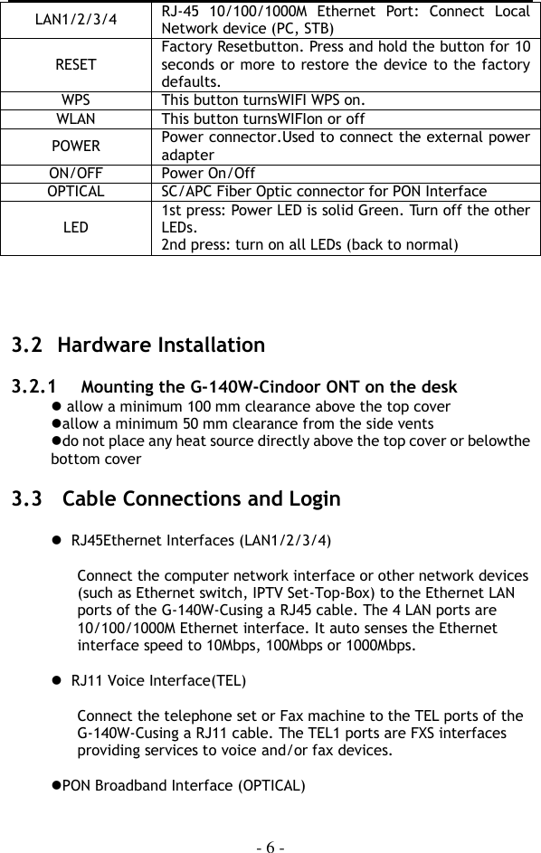  - 6 - LAN1/2/3/4 RJ-45 10/100/1000M  Ethernet  Port:  Connect  Local Network device (PC, STB) RESET Factory Resetbutton. Press and hold the button for 10 seconds or more to restore the device to the factory defaults. WPS This button turnsWIFI WPS on. WLAN This button turnsWIFIon or off POWER Power connector.Used to connect the external power adapter ON/OFF Power On/Off OPTICAL SC/APC Fiber Optic connector for PON Interface LED 1st press: Power LED is solid Green. Turn off the other LEDs. 2nd press: turn on all LEDs (back to normal)    3.2 Hardware Installation 3.2.1   Mounting the G-140W-Cindoor ONT on the desk  allow a minimum 100 mm clearance above the top cover allow a minimum 50 mm clearance from the side vents do not place any heat source directly above the top cover or belowthe bottom cover  3.3  Cable Connections and Login    RJ45Ethernet Interfaces (LAN1/2/3/4)  Connect the computer network interface or other network devices (such as Ethernet switch, IPTV Set-Top-Box) to the Ethernet LAN ports of the G-140W-Cusing a RJ45 cable. The 4 LAN ports are 10/100/1000M Ethernet interface. It auto senses the Ethernet interface speed to 10Mbps, 100Mbps or 1000Mbps.     RJ11 Voice Interface(TEL)  Connect the telephone set or Fax machine to the TEL ports of the G-140W-Cusing a RJ11 cable. The TEL1 ports are FXS interfaces providing services to voice and/or fax devices.  PON Broadband Interface (OPTICAL)  