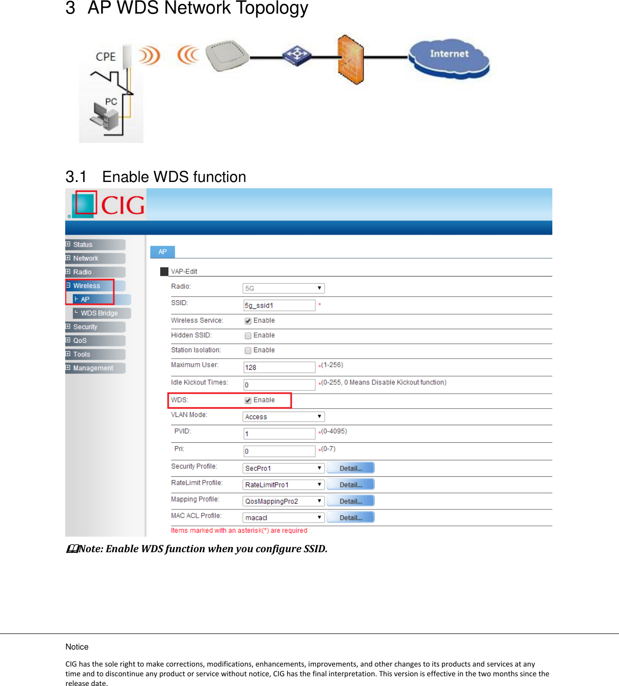 Notice CIG has the sole right to make corrections, modifications, enhancements, improvements, and other changes to its products and services at any time and to discontinue any product or service without notice, CIG has the final interpretation. This version is effective in the two months since the release date. 3  AP WDS Network Topology  3.1 Enable WDS function  Note: Enable WDS function when you configure SSID. 