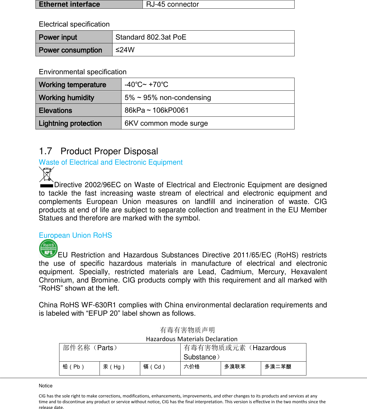 Notice CIG has the sole right to make corrections, modifications, enhancements, improvements, and other changes to its products and services at any time and to discontinue any product or service without notice, CIG has the final interpretation. This version is effective in the two months since the release date. Ethernet interface   RJ-45 connector    Electrical specification   Power input   Standard 802.3at PoE   Power consumption   ≤24W    Environmental specification   Working temperature   -40℃~ +70℃ Working humidity   5% ~ 95% non-condensing   Elevations   86kPa～106kP0061   Lightning protection 6KV common mode surge  1.7 Product Proper Disposal Waste of Electrical and Electronic Equipment   Directive 2002/96EC on Waste of Electrical and Electronic Equipment are designed to  tackle  the  fast  increasing  waste  stream  of  electrical  and  electronic  equipment  and complements  European  Union  measures  on  landfill  and  incineration  of  waste.  CIG products at end of life are subject to separate collection and treatment in the EU Member Statues and therefore are marked with the symbol.  European Union RoHS   EU  Restriction  and  Hazardous  Substances Directive  2011/65/EC  (RoHS)  restricts the  use  of  specific  hazardous  materials  in  manufacture  of  electrical  and  electronic equipment.  Specially,  restricted  materials  are  Lead,  Cadmium,  Mercury,  Hexavalent Chromium, and Bromine. CIG products comply with this requirement and all marked with “RoHS” shown at the left.  China RoHS WF-630R1 complies with China environmental declaration requirements and is labeled with “EFUP 20” label shown as follows.  有毒有害物质声明 Hazardous Materials Declaration 部件名称（Parts） 有毒有害物质或元素（Hazardous Substance） 铅（Pb） 汞（Hg） 镉（Cd） 六价铬多溴联苯多溴二苯醚