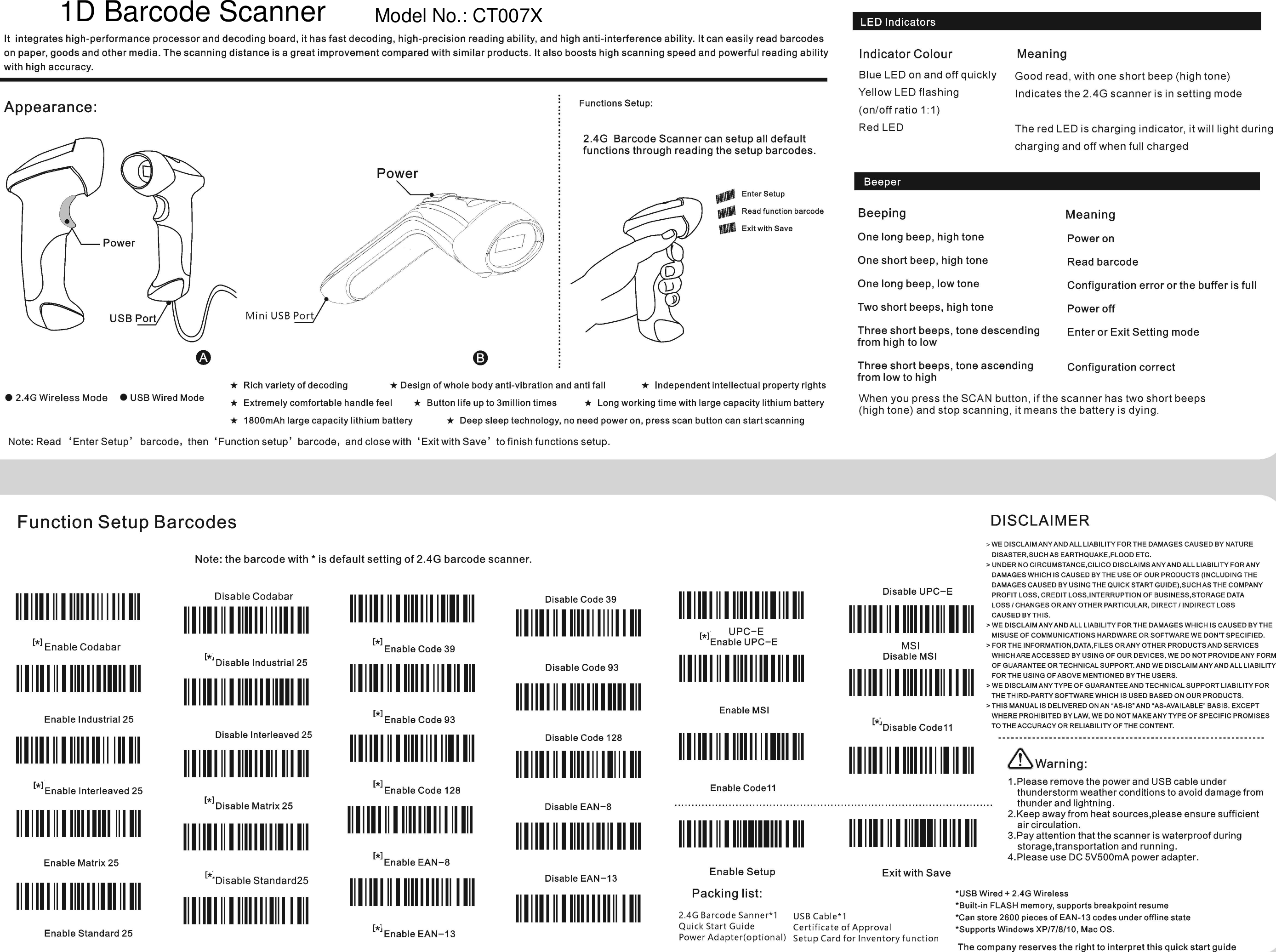 1D Barcode Scanner Model No.: CT007X