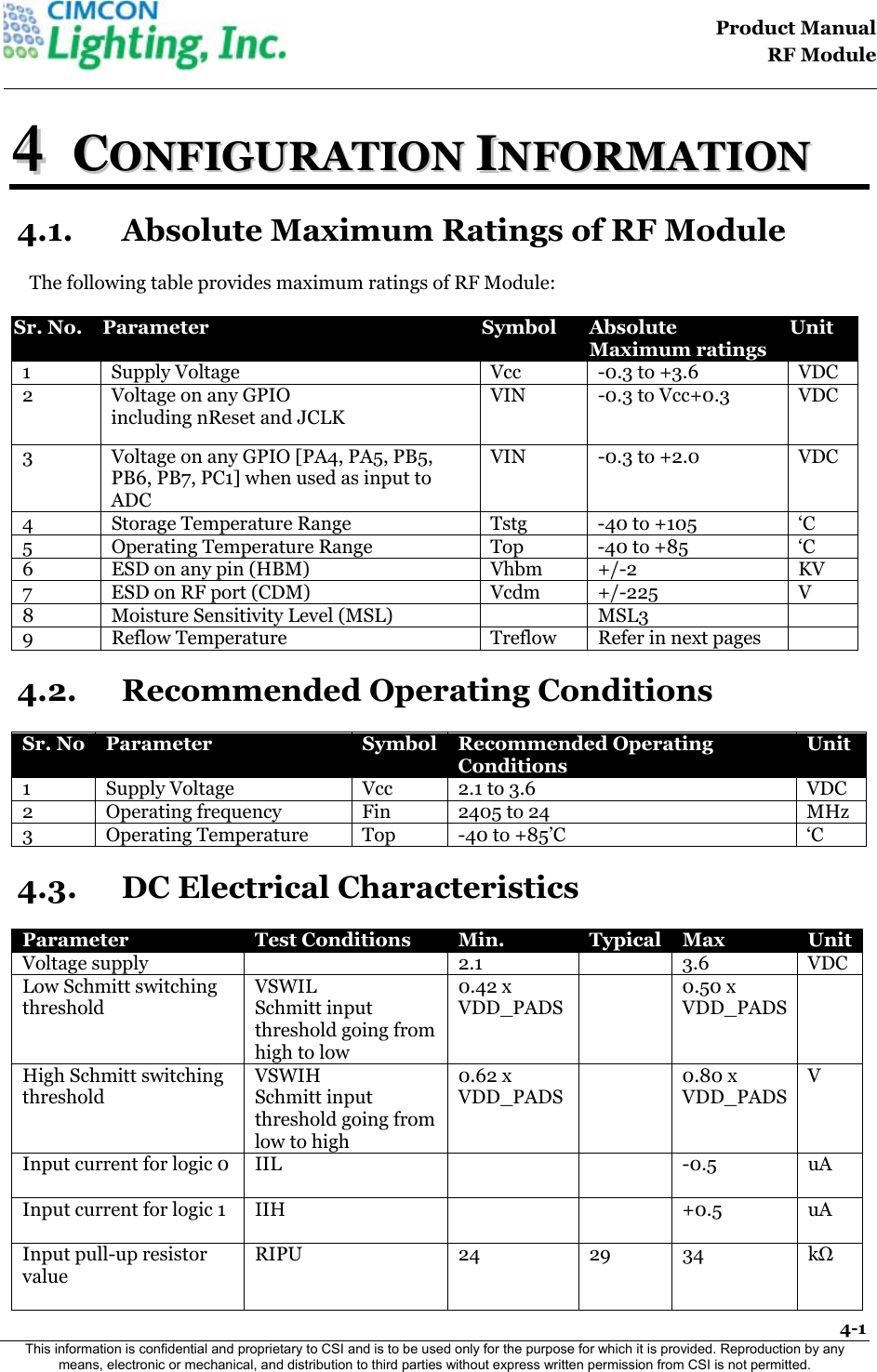                                                                                    Product Manual  RF Module  4-1 This information is confidential and proprietary to CSI and is to be used only for the purpose for which it is provided. Reproduction by any means, electronic or mechanical, and distribution to third parties without express written permission from CSI is not permitted.    44  CCOONNFFIIGGUURRAATTIIOONN  IINNFFOORRMMAATTIIOONN    4.1. Absolute Maximum Ratings of RF Module The following table provides maximum ratings of RF Module:   Sr. No.  Parameter  Symbol  Absolute Maximum ratings Unit 1 Supply Voltage Vcc  -0.3 to +3.6 VDC 2 Voltage on any GPIO including nReset and JCLK VIN  -0.3 to Vcc+0.3 VDC 3 Voltage on any GPIO [PA4, PA5, PB5, PB6, PB7, PC1] when used as input to ADC VIN  -0.3 to +2.0 VDC 4  Storage Temperature Range  Tstg  -40 to +105  &lsquo;C 5  Operating Temperature Range  Top  -40 to +85  &lsquo;C 6  ESD on any pin (HBM) Vhbm +/-2  KV 7  ESD on RF port (CDM) Vcdm +/-225 V 8  Moisture Sensitivity Level (MSL)    MSL3   9 Reflow Temperature  Treflow  Refer in next pages   4.2. Recommended Operating Conditions Sr. No  Parameter  Symbol  Recommended Operating Conditions Unit 1 Supply Voltage Vcc  2.1 to 3.6 VDC 2 Operating frequency  Fin  2405 to 24  MHz 3  Operating Temperature  Top  -40 to +85&rsquo;C  &lsquo;C 4.3. DC Electrical Characteristics Parameter  Test Conditions  Min.  Typical  Max  Unit Voltage supply   2.1  3.6 VDC Low Schmitt switching threshold VSWIL  Schmitt input threshold going from high to low  0.42 x VDD_PADS    0.50 x VDD_PADS    High Schmitt switching threshold   VSWIH  Schmitt input threshold going from low to high  0.62 x VDD_PADS    0.80 x VDD_PADS   V Input current for logic 0   IIL     -0.5   uA Input current for logic 1   IIH     +0.5   uA Input pull-up resistor value   RIPU   24 29 34 kΩ   